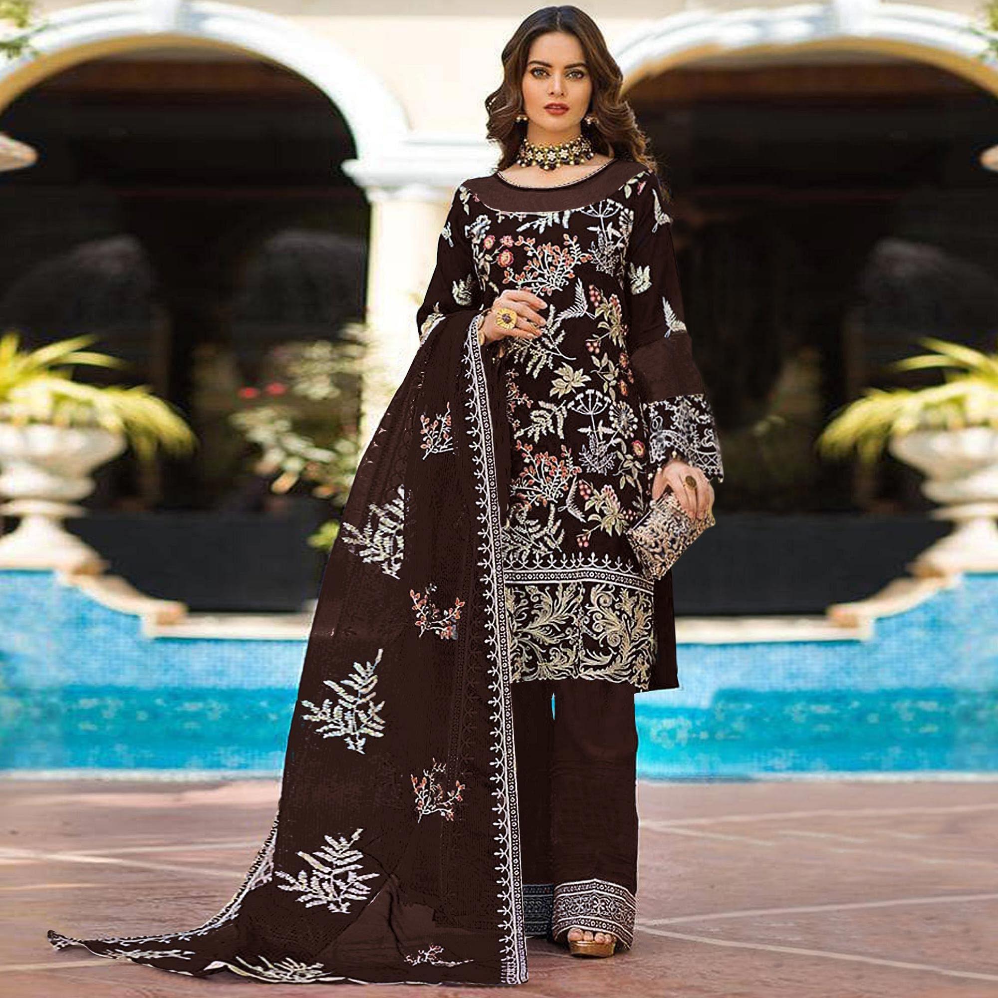 Peachmode Brown Partywear Women's Floral Embroidered Georgette Semi-Stitched Pakistani Suit