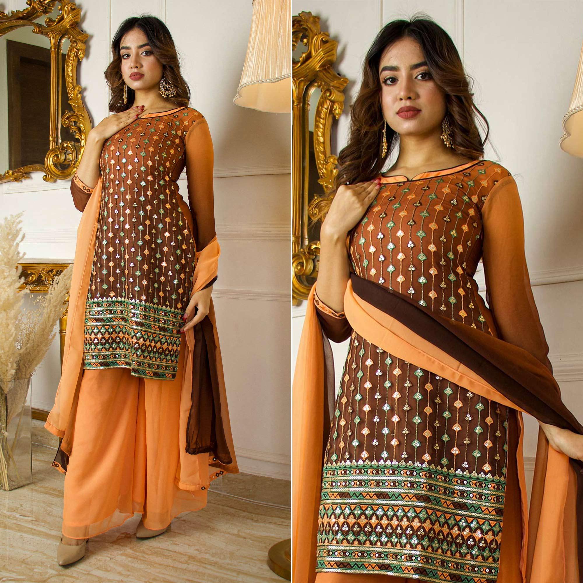 Peachmode Seller Brown Partywear Sequins Embroidered Georgette Palazzo Suit With Dupatta