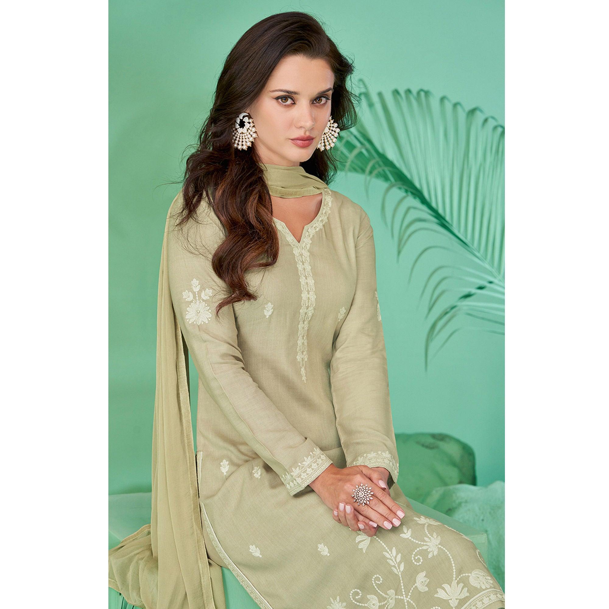 Peachmode Light Pista Green Lucknowi Embroidered Rayon Kurti Pant Set With Dupatta - view 2