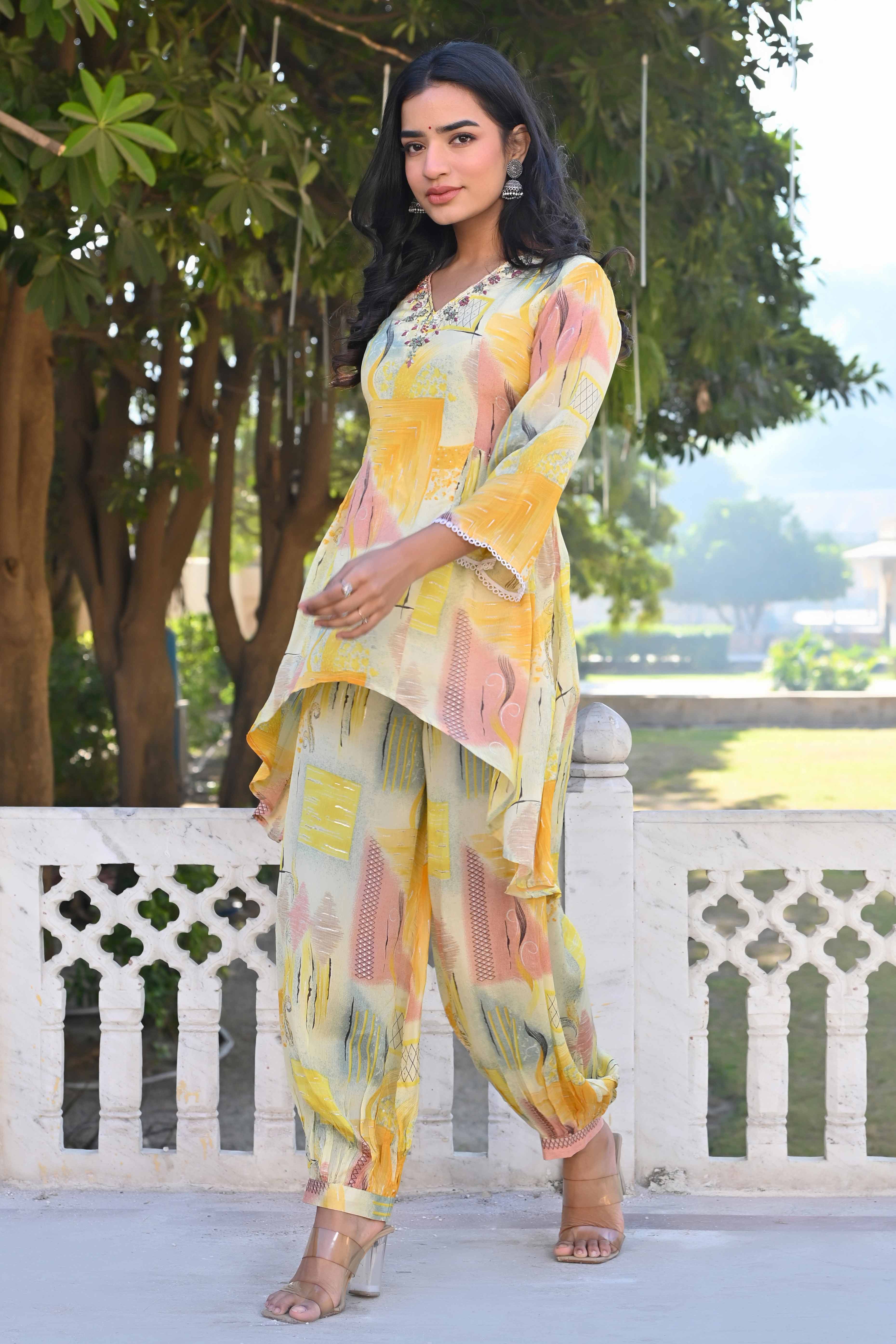 Peachmode Cream & Yellow Printed With Embroidered Pure Chinon A-Line Co-Ord Set - view 5