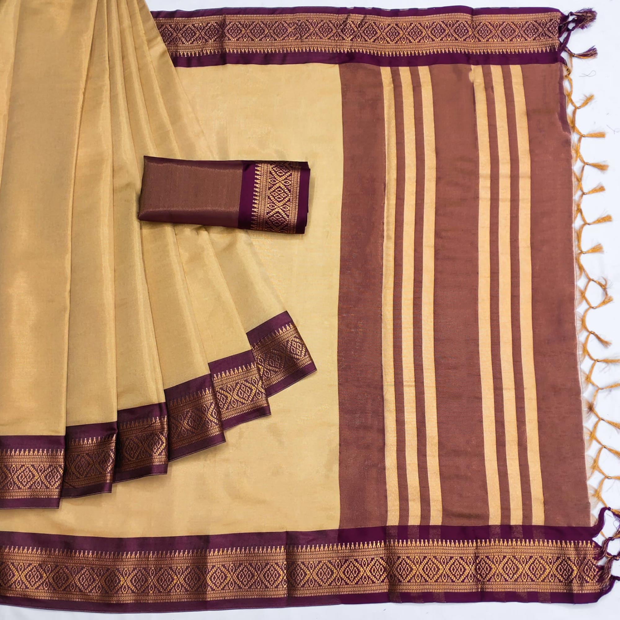 Peachmode Chikoo Woven Cotton Silk Saree – Women's - view 3