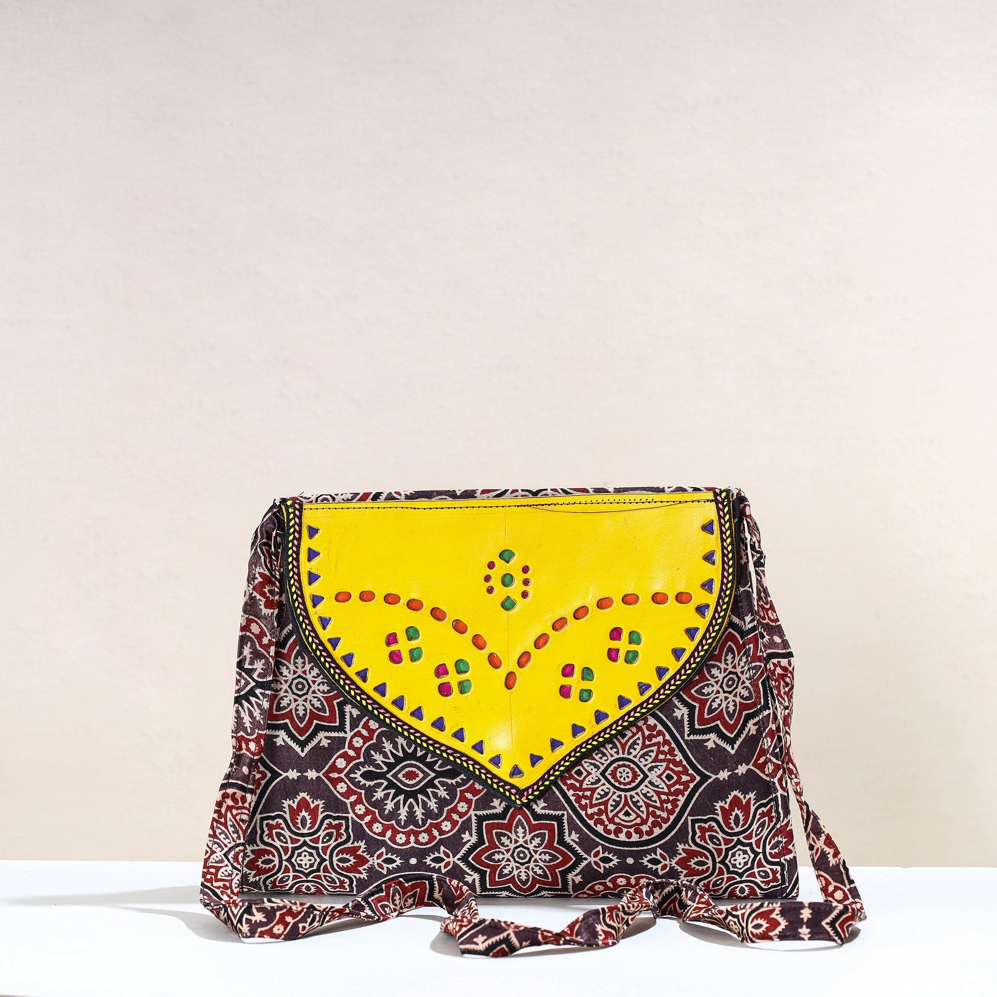 KACHCHH JI CHHAAP Brown - Handcrafted Ajrakh Mashru Silk Sling Bag with Leather Flap