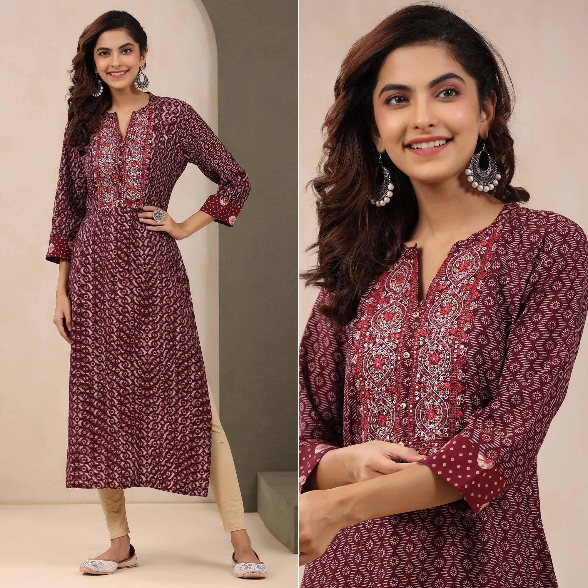 Peachmode Maroon Printed With Embroidered Chanderi Kurti
