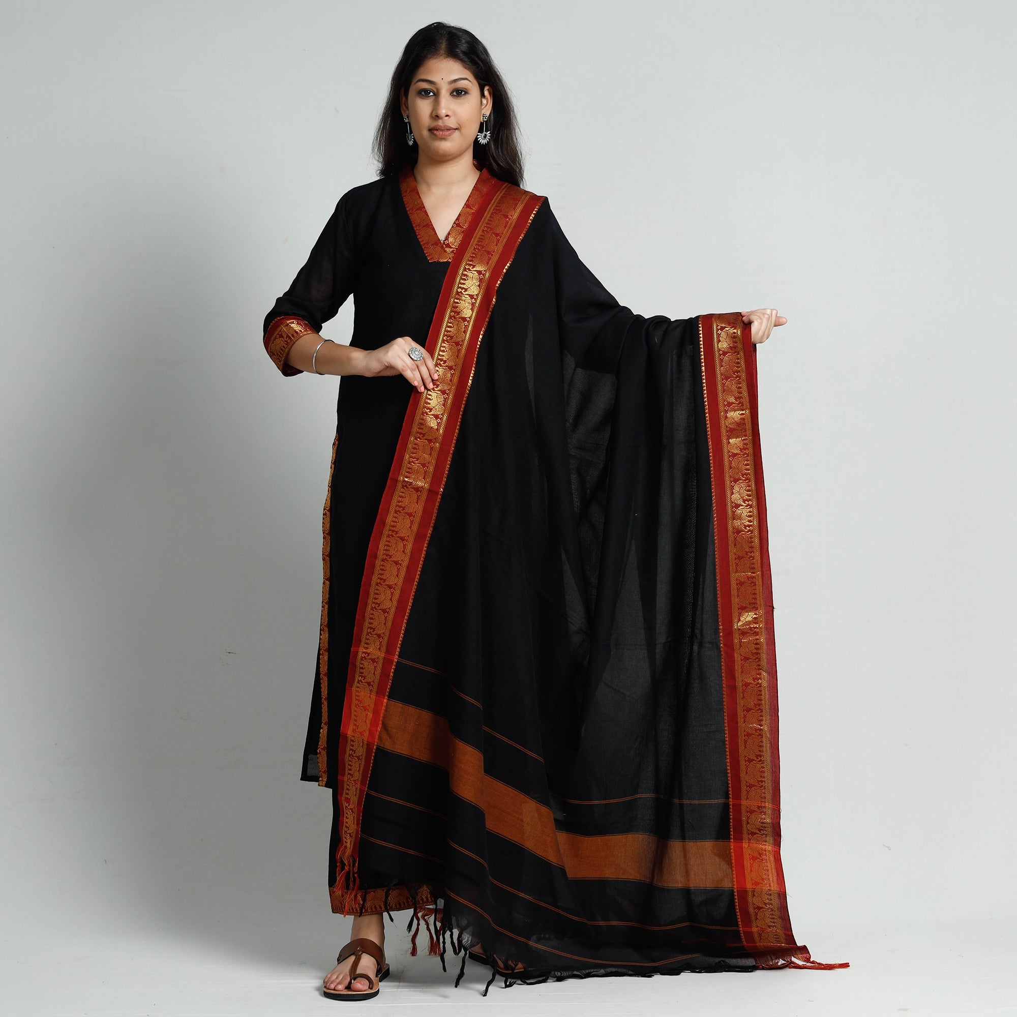 ITOKRI CASUALS Black Dharwad Cotton Kurta with Palazzo & Dupatta Set