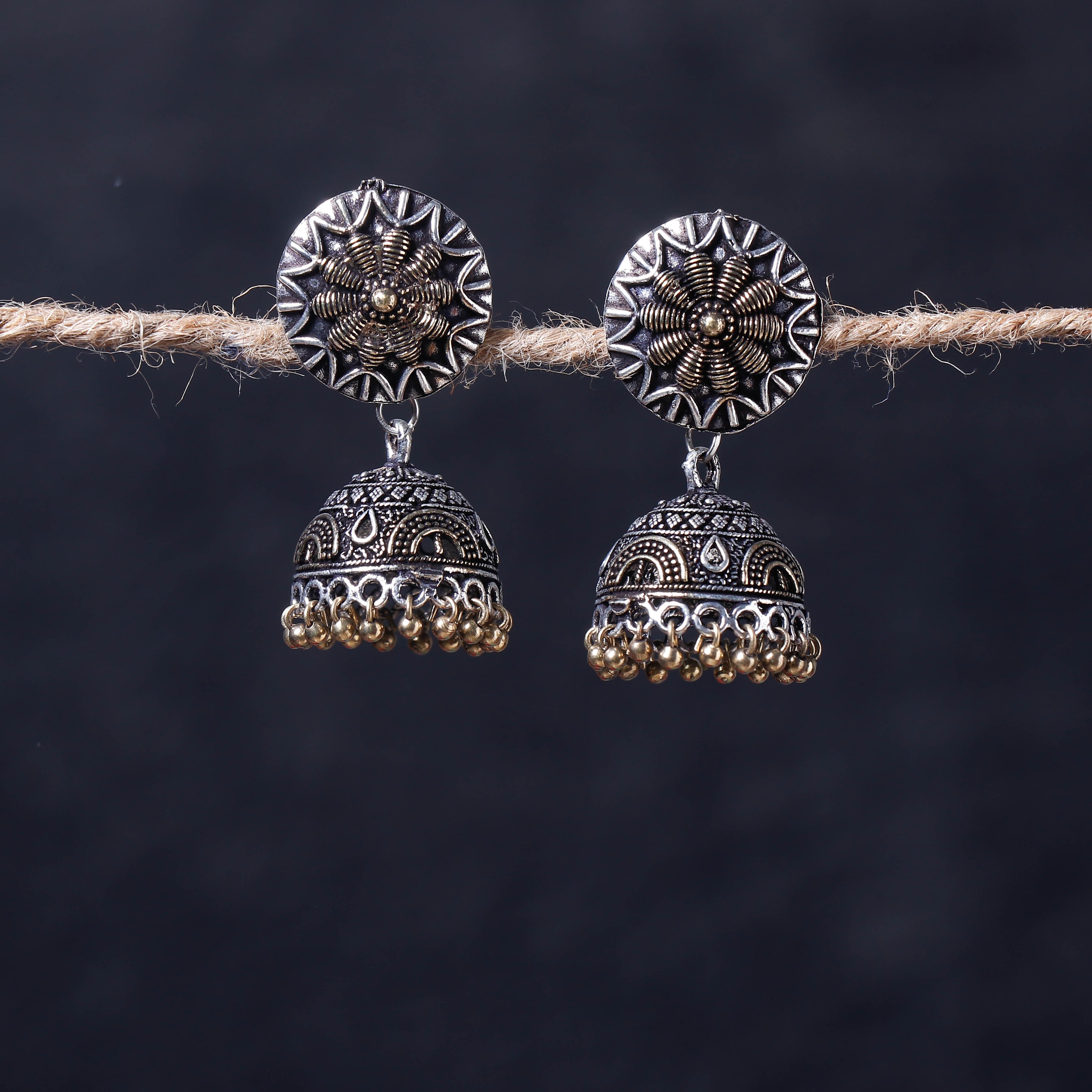 WHITE RIVER STORIES Antique Silver Finish Oxidised Brass Base Jhumka Earrings