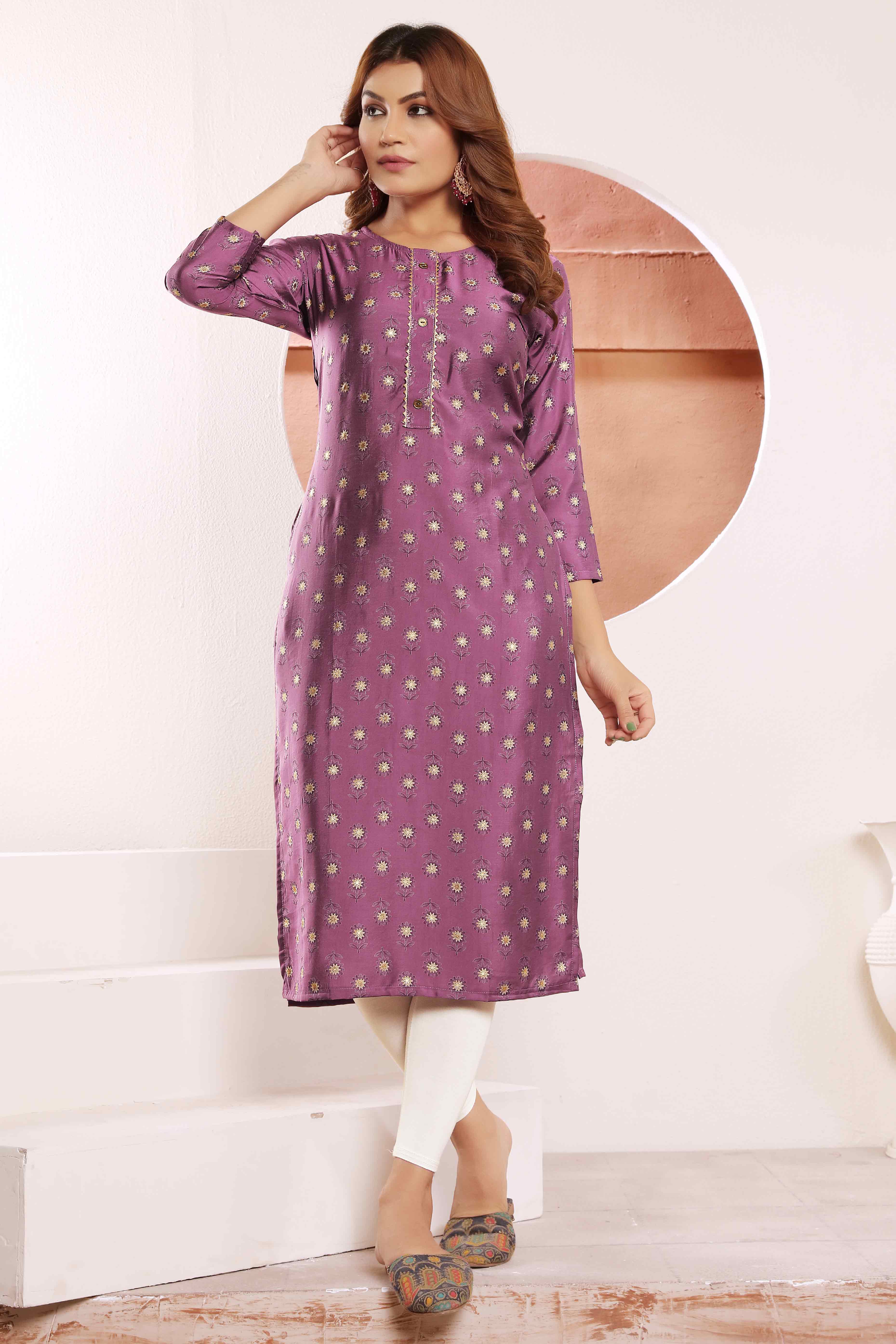Peachmode Seller Mauve Floral Foil Printed Muslin Viscose Kurti - view 3