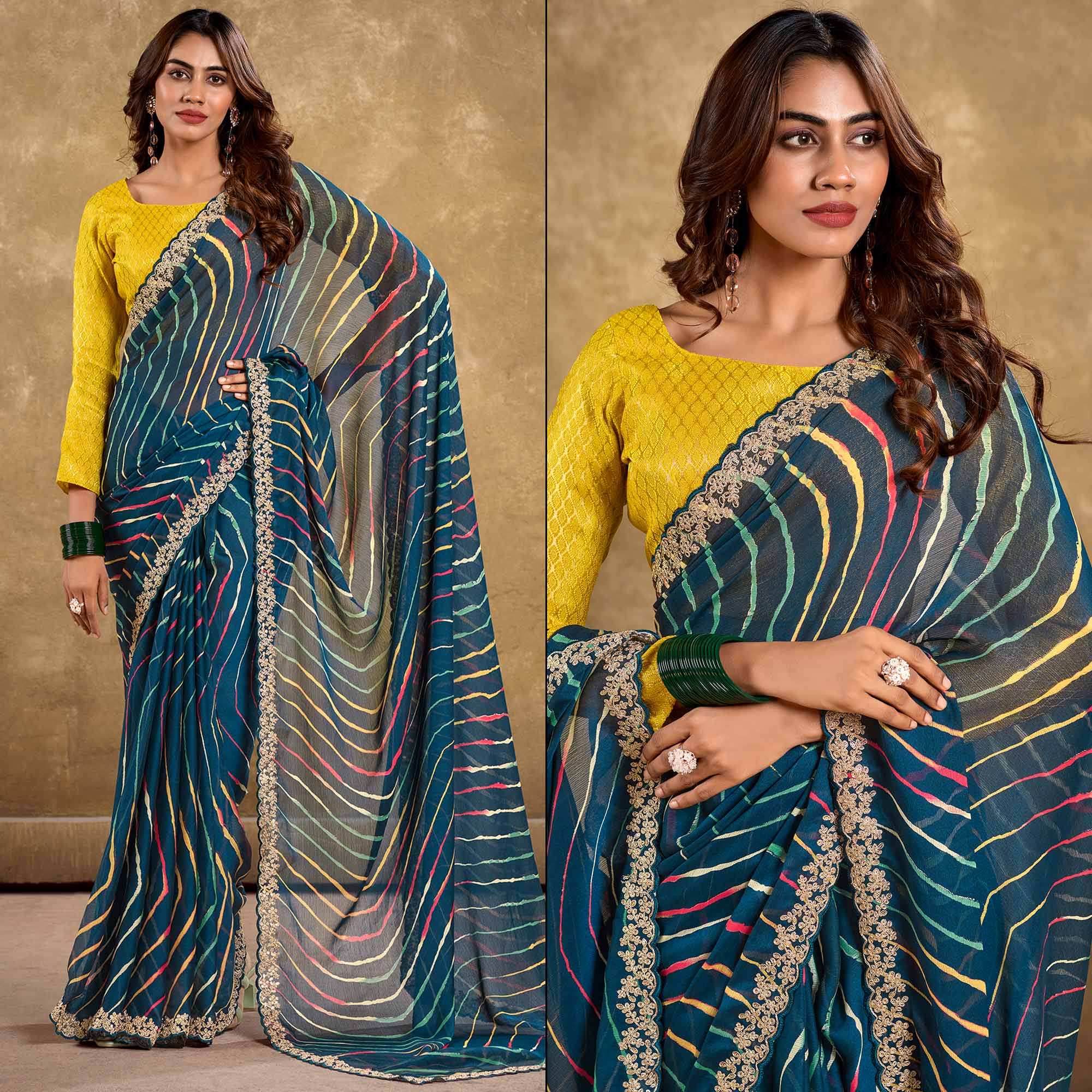 Peachmode Morpich Blue Printed Chiffon Saree With Sequins Border