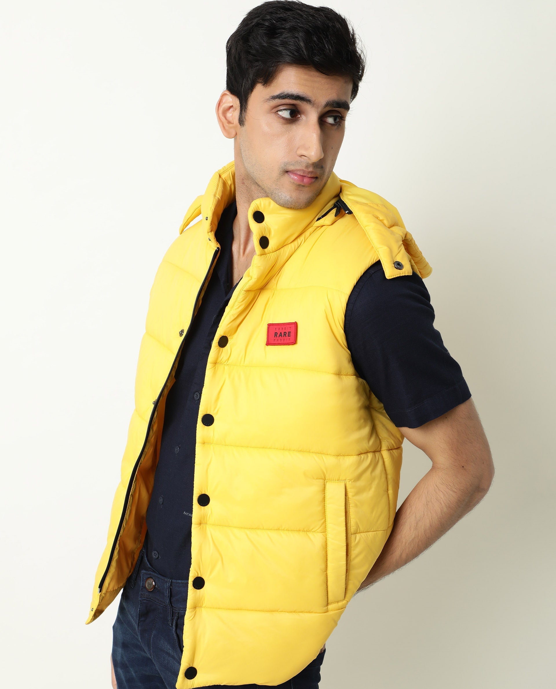 Rare Rabbit Men's Depot Yellow Plain Sleeveless Detachable Hood Puffer Jacket - view 2