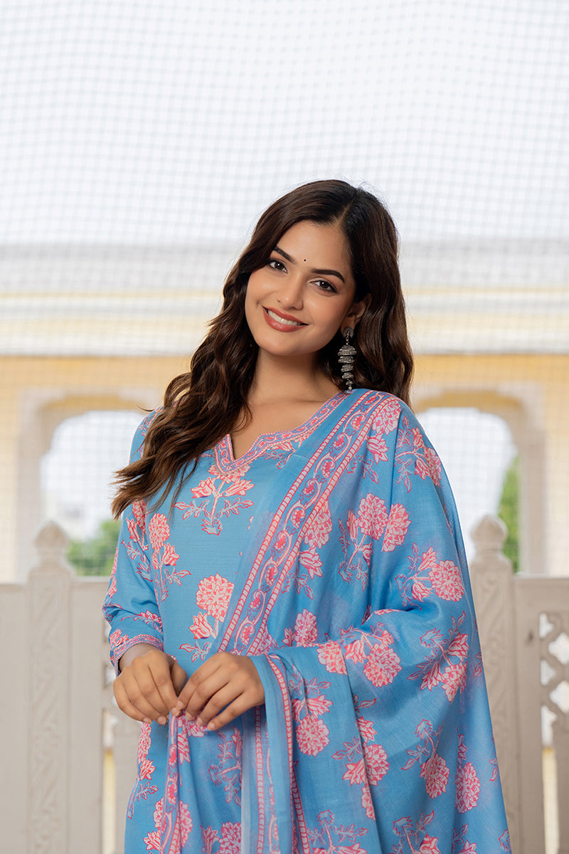Ahika Blue Rayon Blend Floral Printed Straight Trouser Suit Set VKSKD2261 - view 7