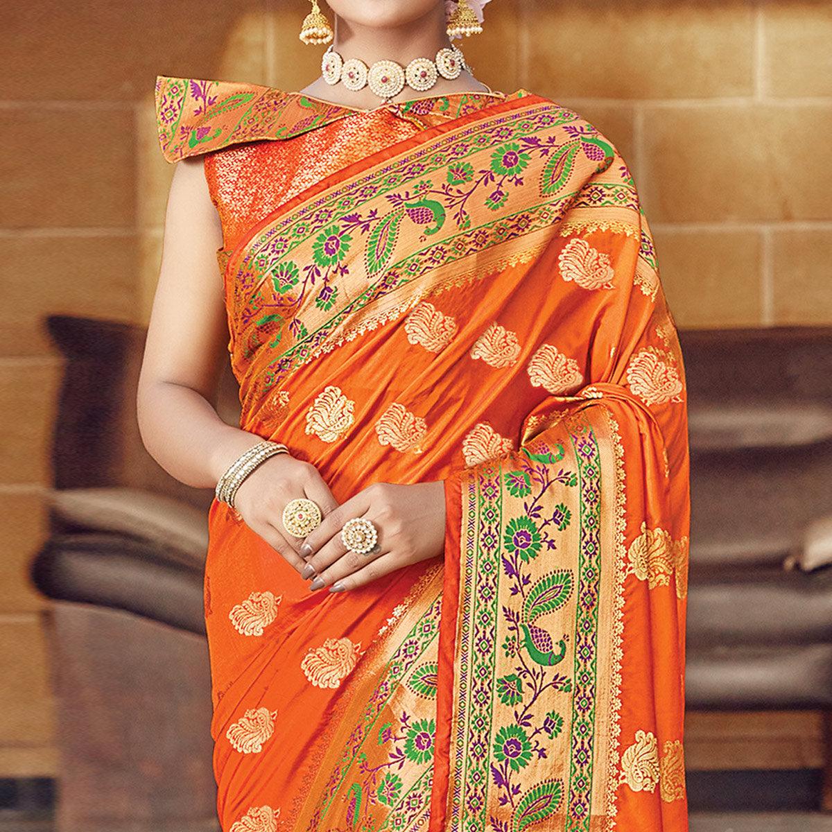 Peachmode Flamboyant Orange Colored Festive Wear Woven Silk Saree - view 2