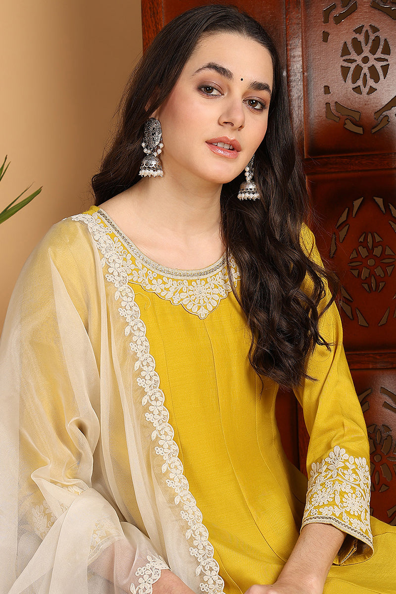 Ahika Yellow Silk Blend Solid Embroidered Flared Suit Set PKSKD2193 - view 2