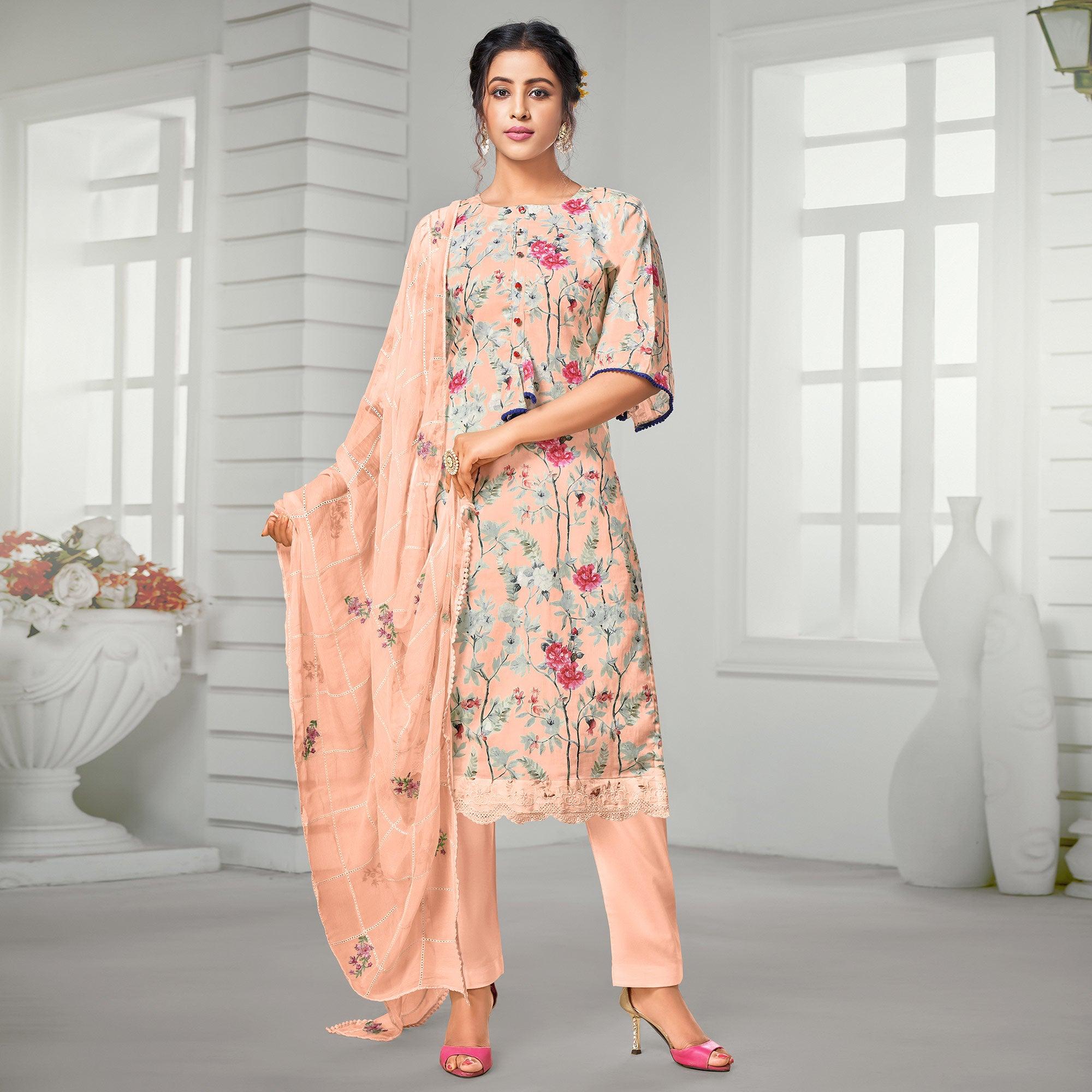 Peachmode Exclusive Peach Colored Casual Wear Digital Printed Cotton Dress Material