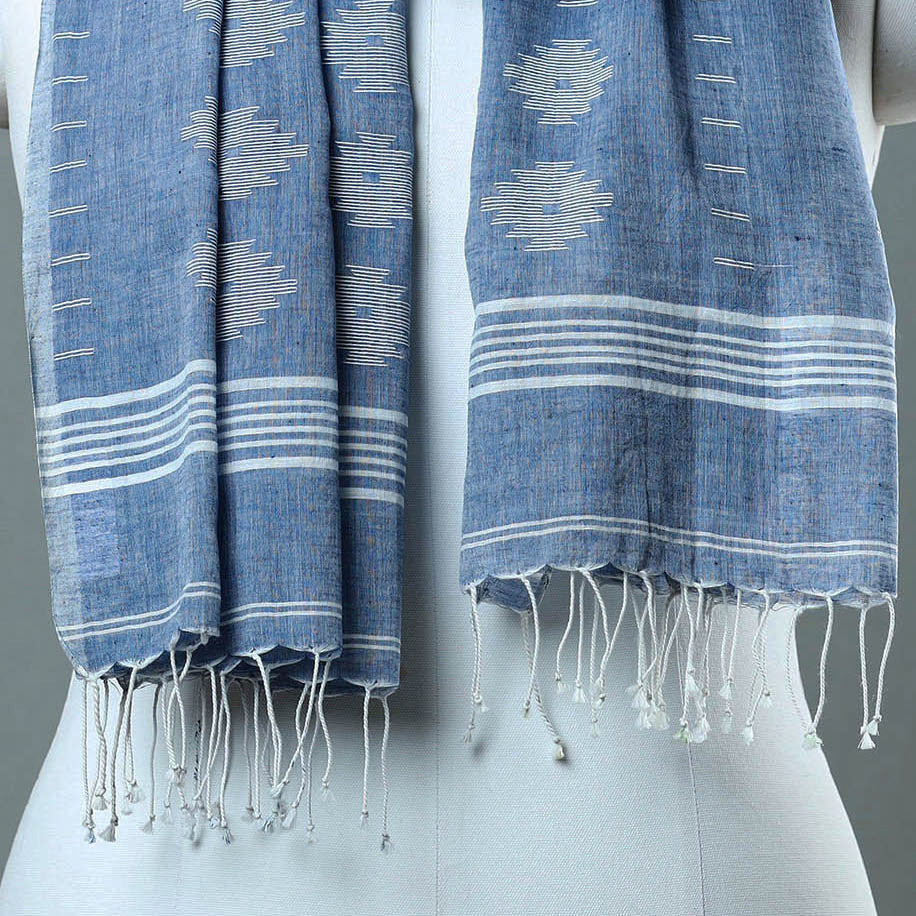 KHUSHBASH - HAPPY LOOM OF EAST Blue - Burdwan Jamdani Cotton Handloom Stole with Tassels 37 - view 3