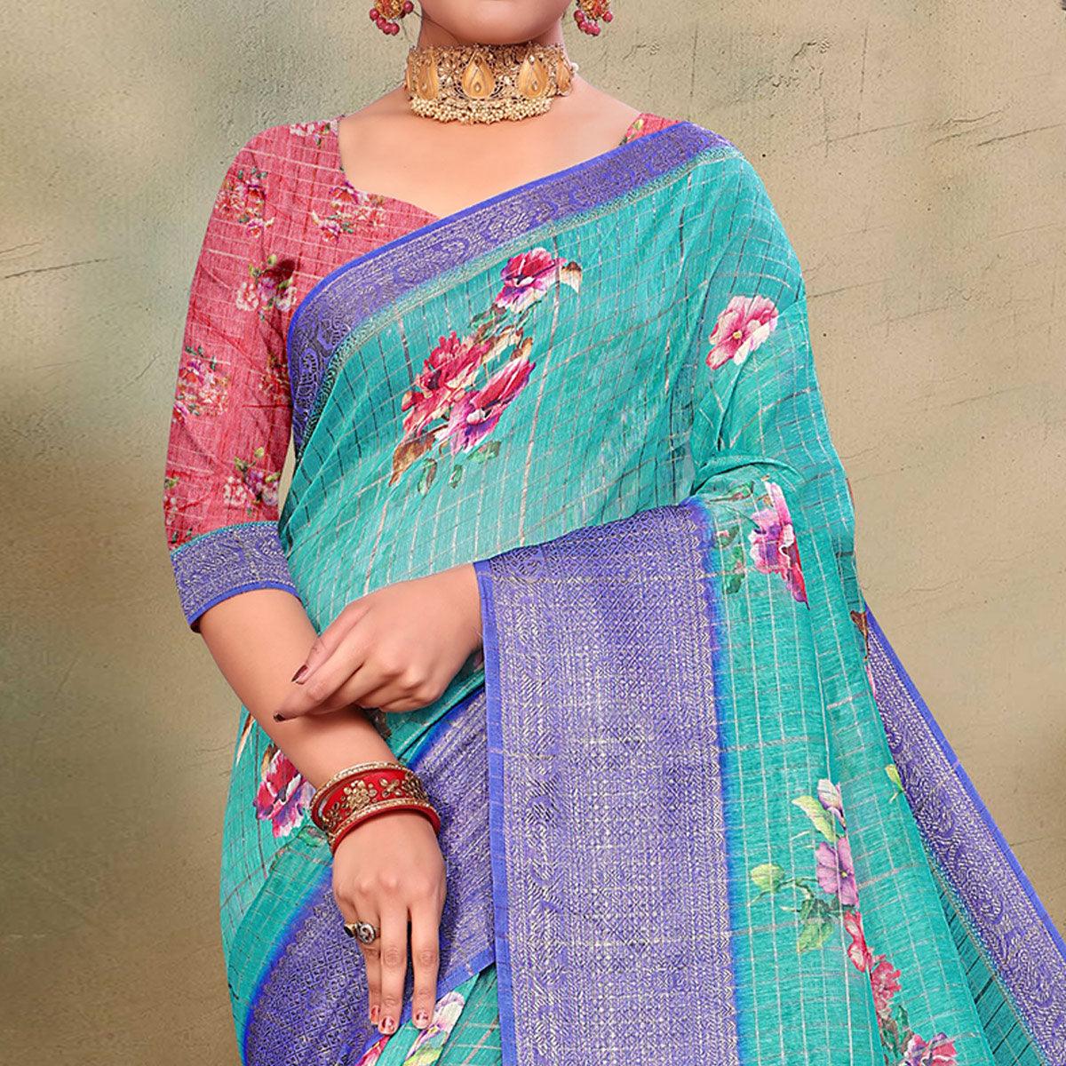 Peachmode Lovely Blue Colored Festive Wear Digital Printed Linen Saree - view 2