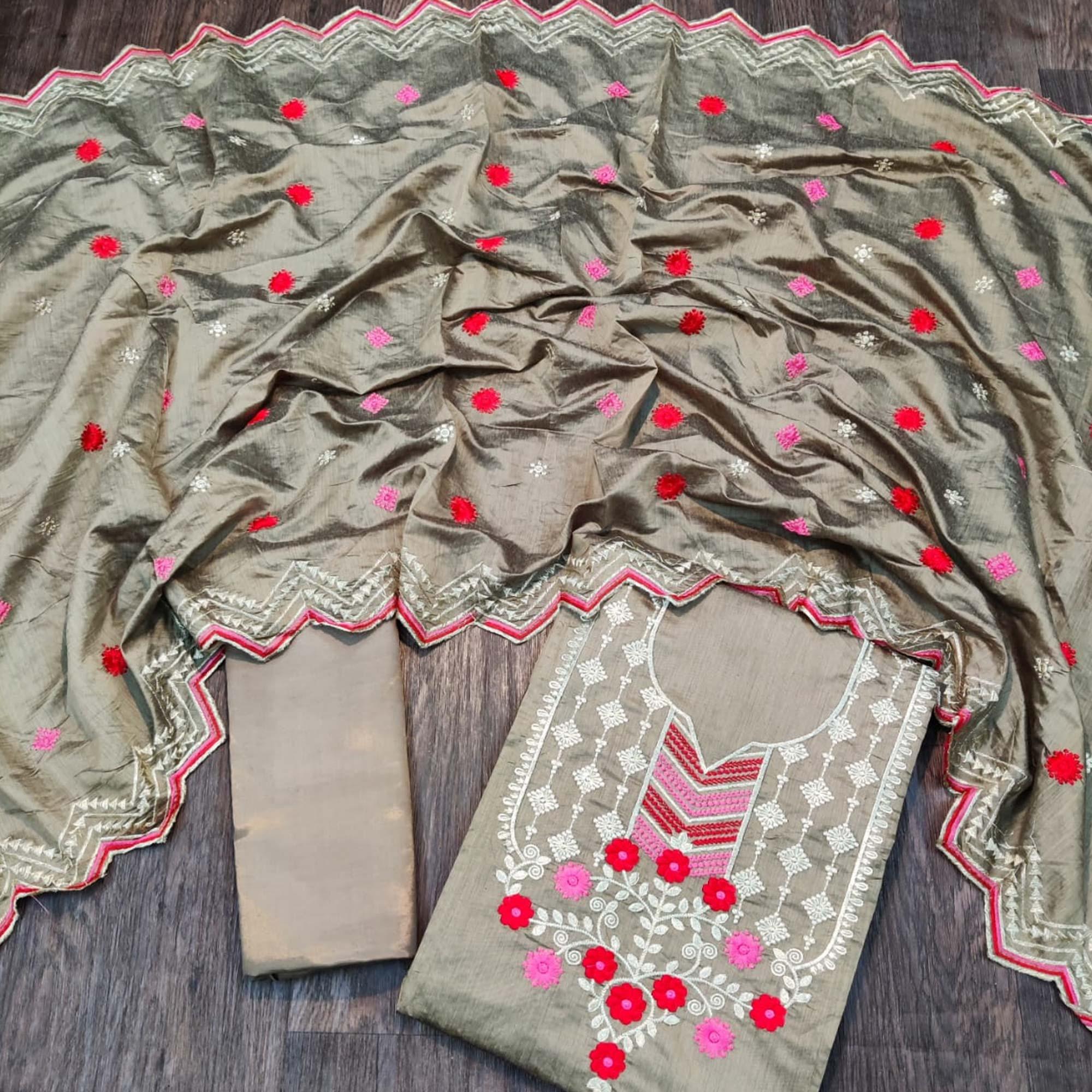 Peachmode Flaunt Beige Colored Casual Wear Embroidered Chanderi Dress Material