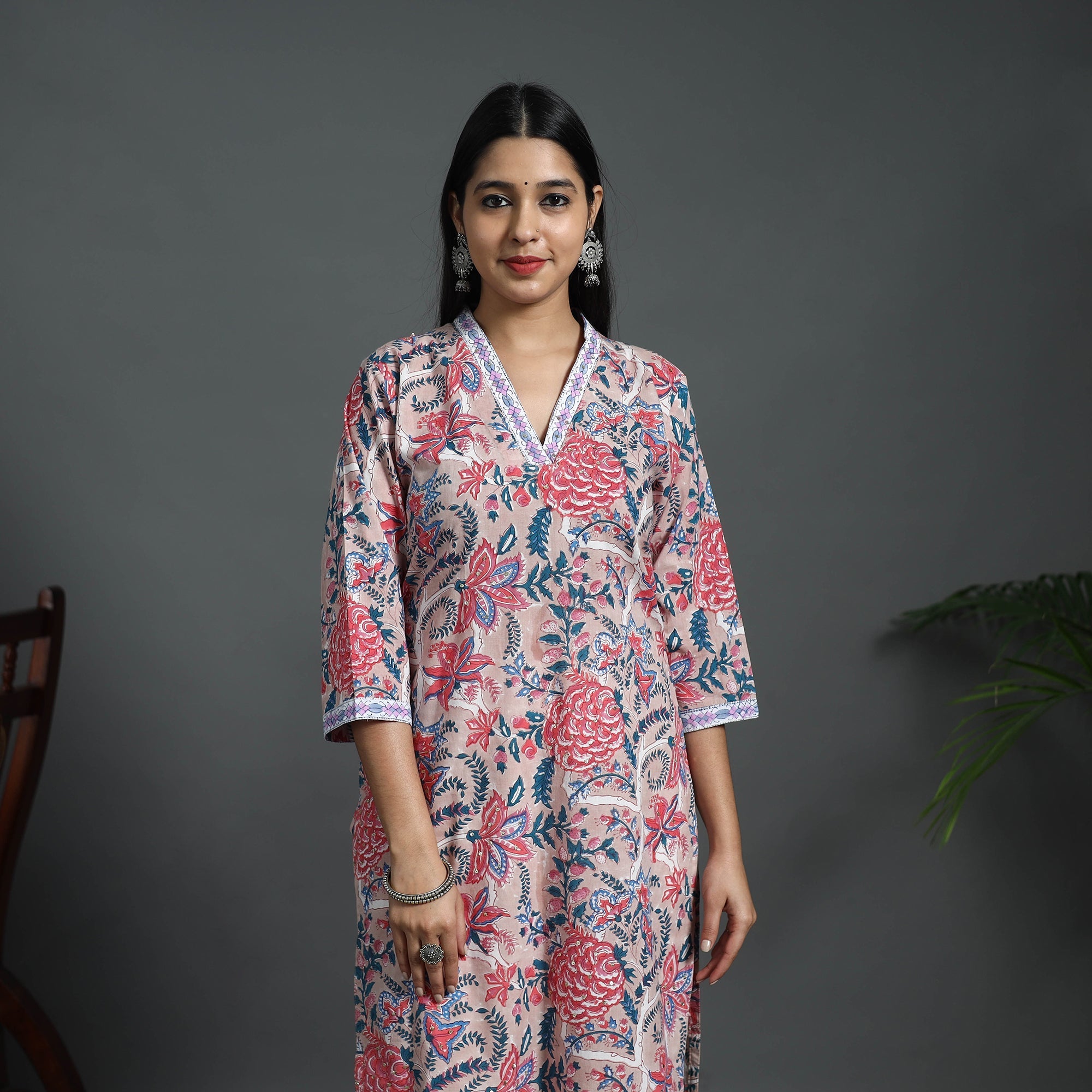 ITOKRI CASUALS Beige - Sequins Work Cotton Straight Sanganeri Print Kurta 03
