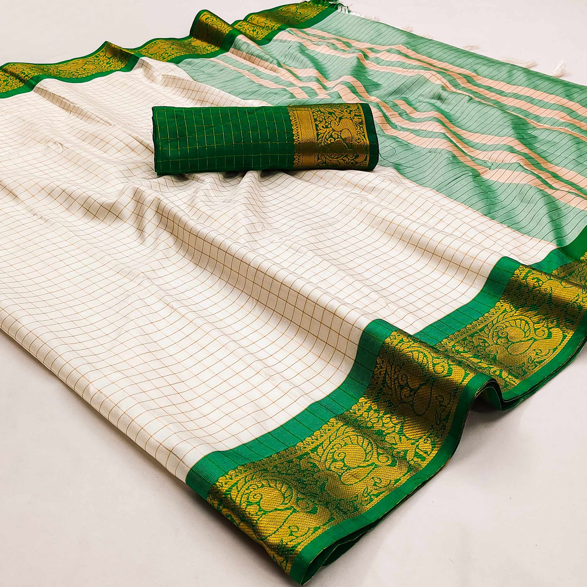 Peachmode Cream And Green Woven Cotton Silk Saree With Tassels