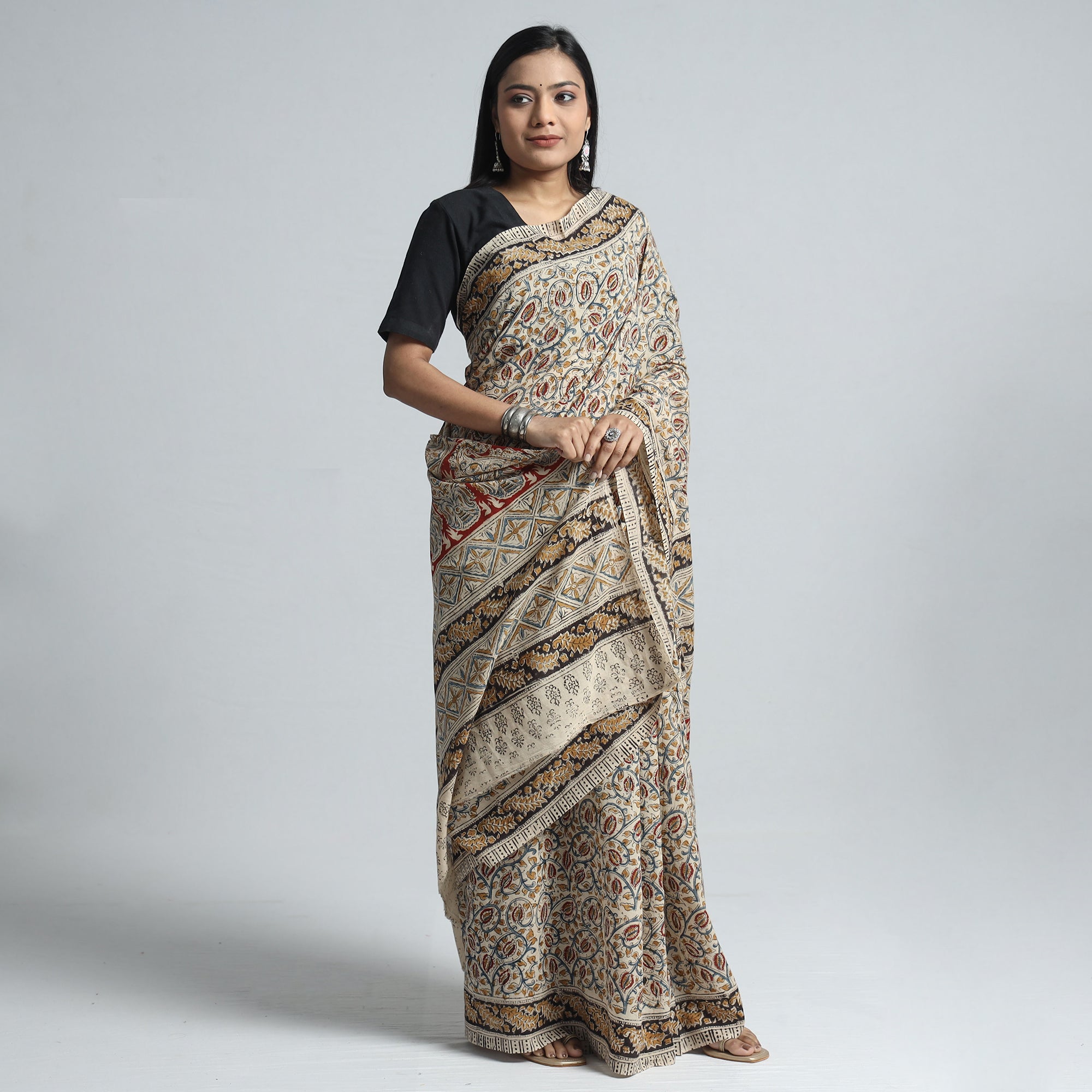 VENKATA BHANU KALAMKARI PEDANA Beige - Pedana Block Print Cotton Kalamkari Saree