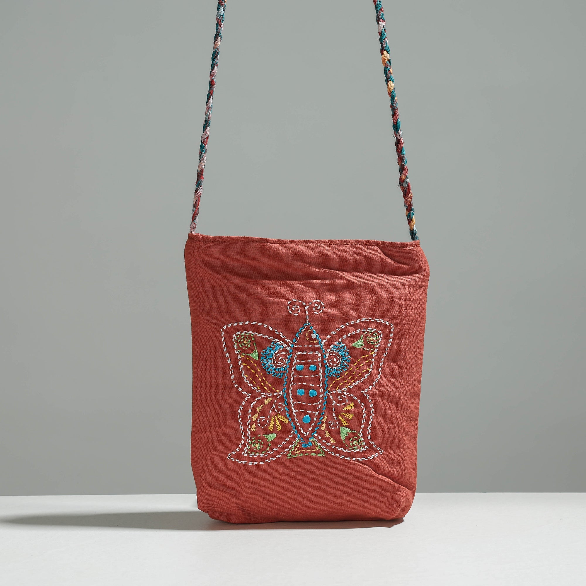 RANGILA DHAGA Brown - Cotton Fabric Hand Embroidered Sling Bag