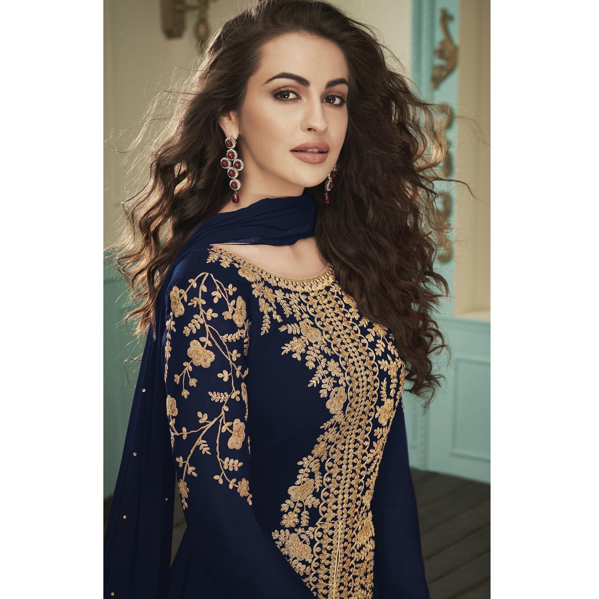 Peachmode Majesty Navy Blue Colored Partywear Embroidered Georgette Anarkali Suit - view 2