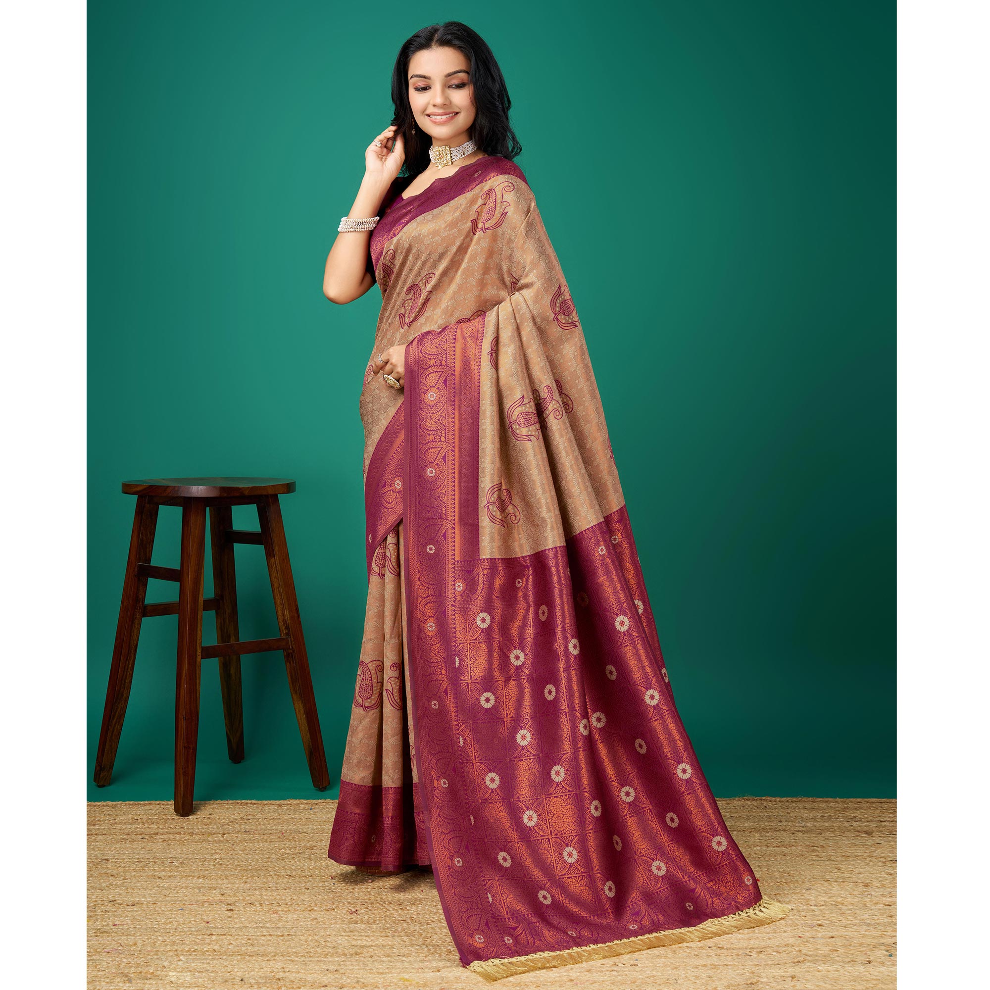 Peachmode Chikoo Zari Woven Banarasi Silk Saree With Tassels - view 4