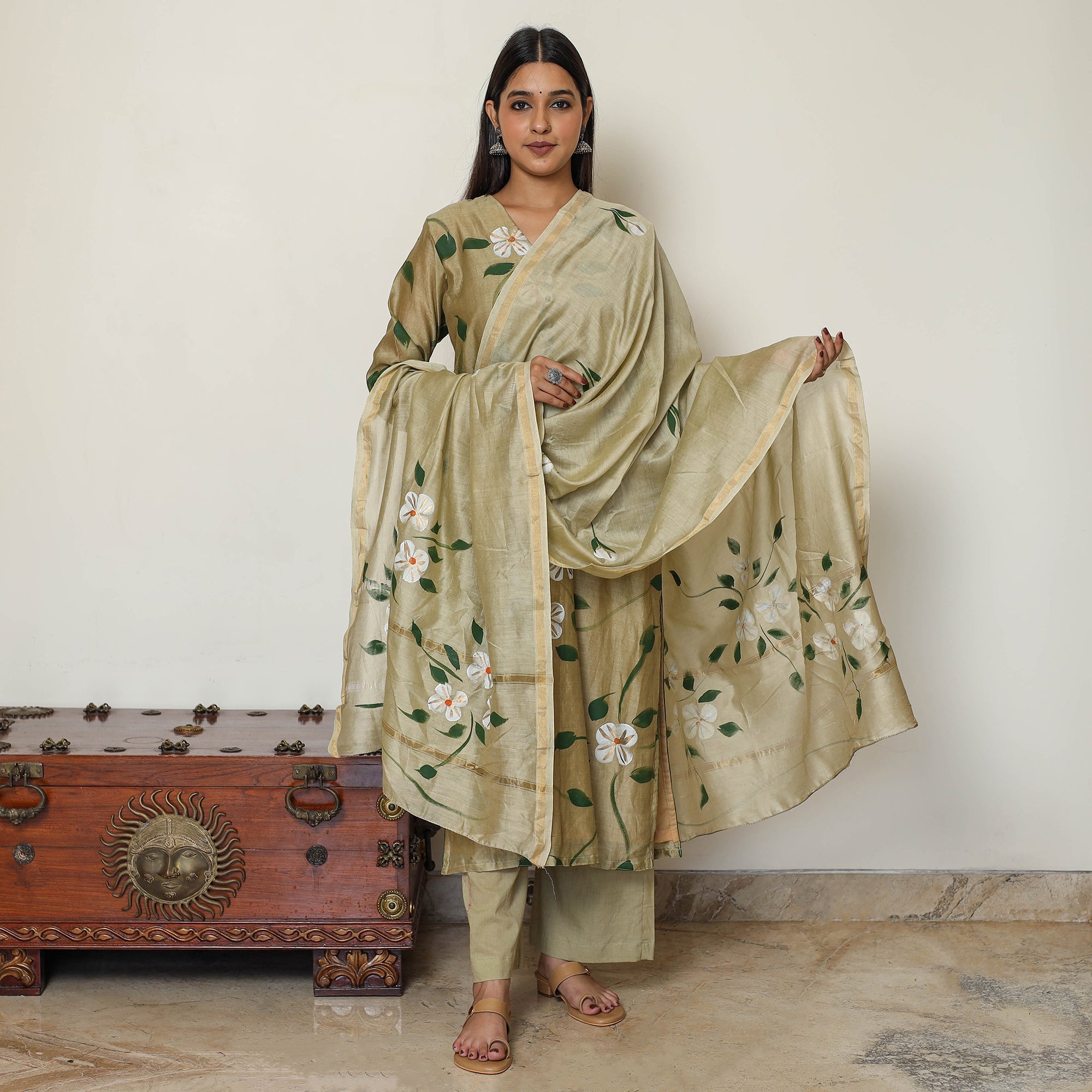 ITOKRI CASUALS Beige - Handpainted Chanderi Silk Kurta Set with Palazzo & Dupatta 01 - view 2