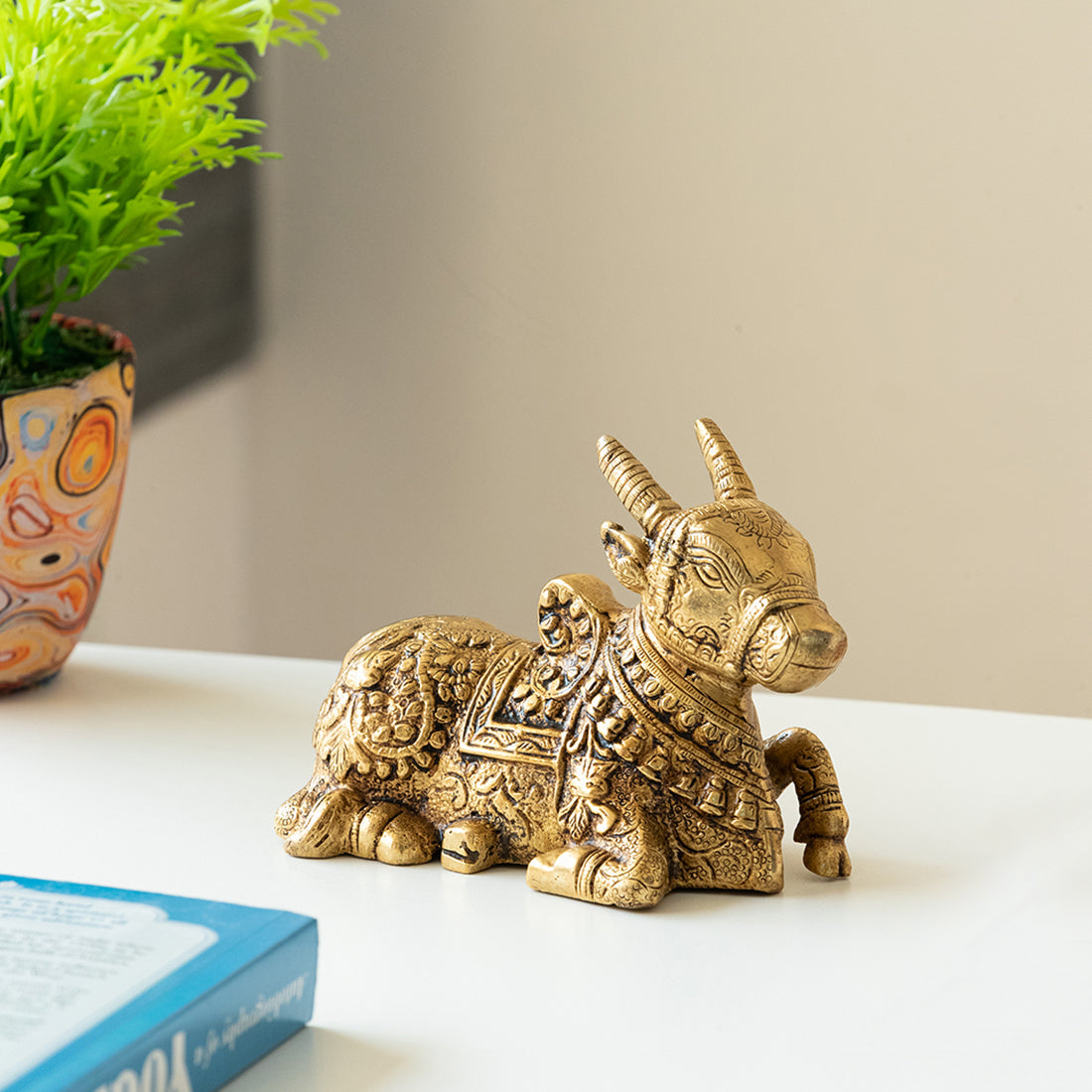 EXCLUSIVELANE 'Nandi' Carved Brass Showpiece Idol (Hand-Etched, 0.9 Kg)