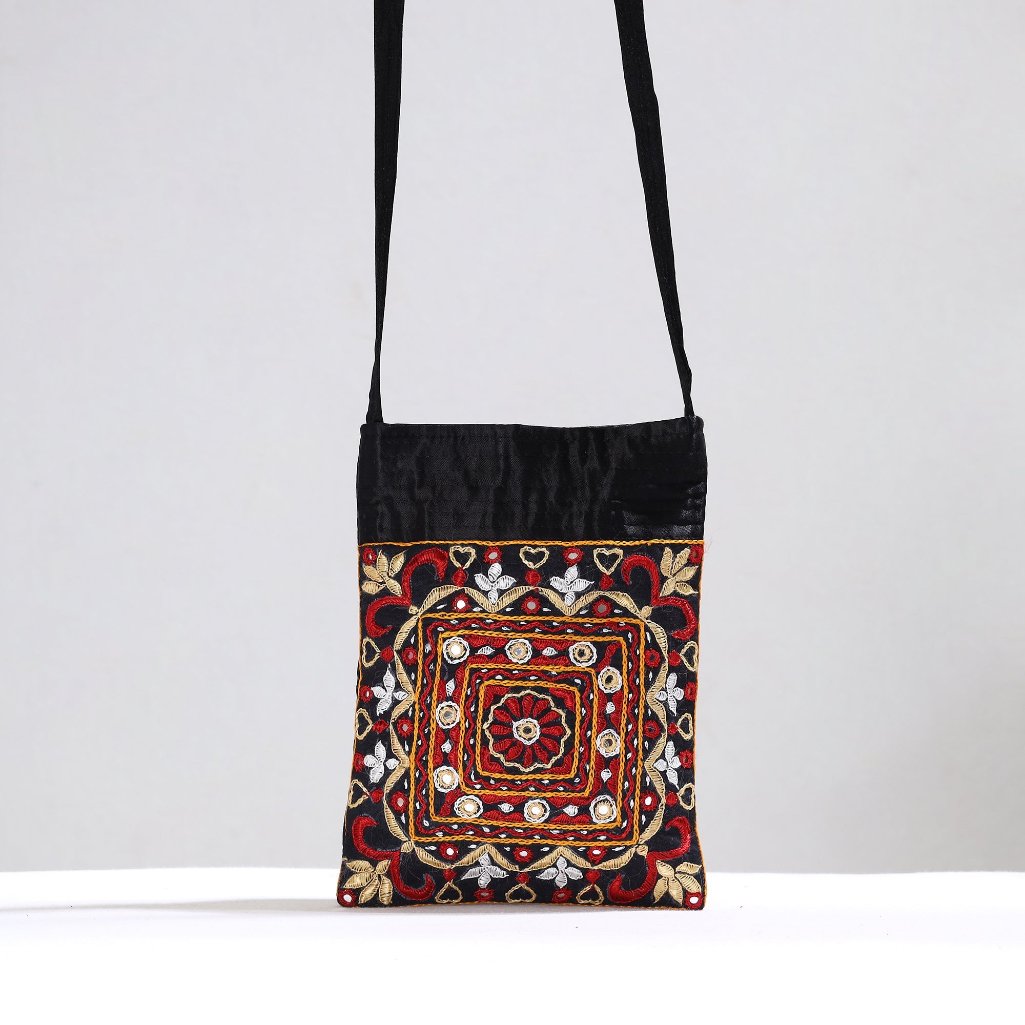 KACHCHH JI CHHAAP Black - Kutch Pakko Hand Embroidery Mirror Work Mashru Silk Sling Bag 104