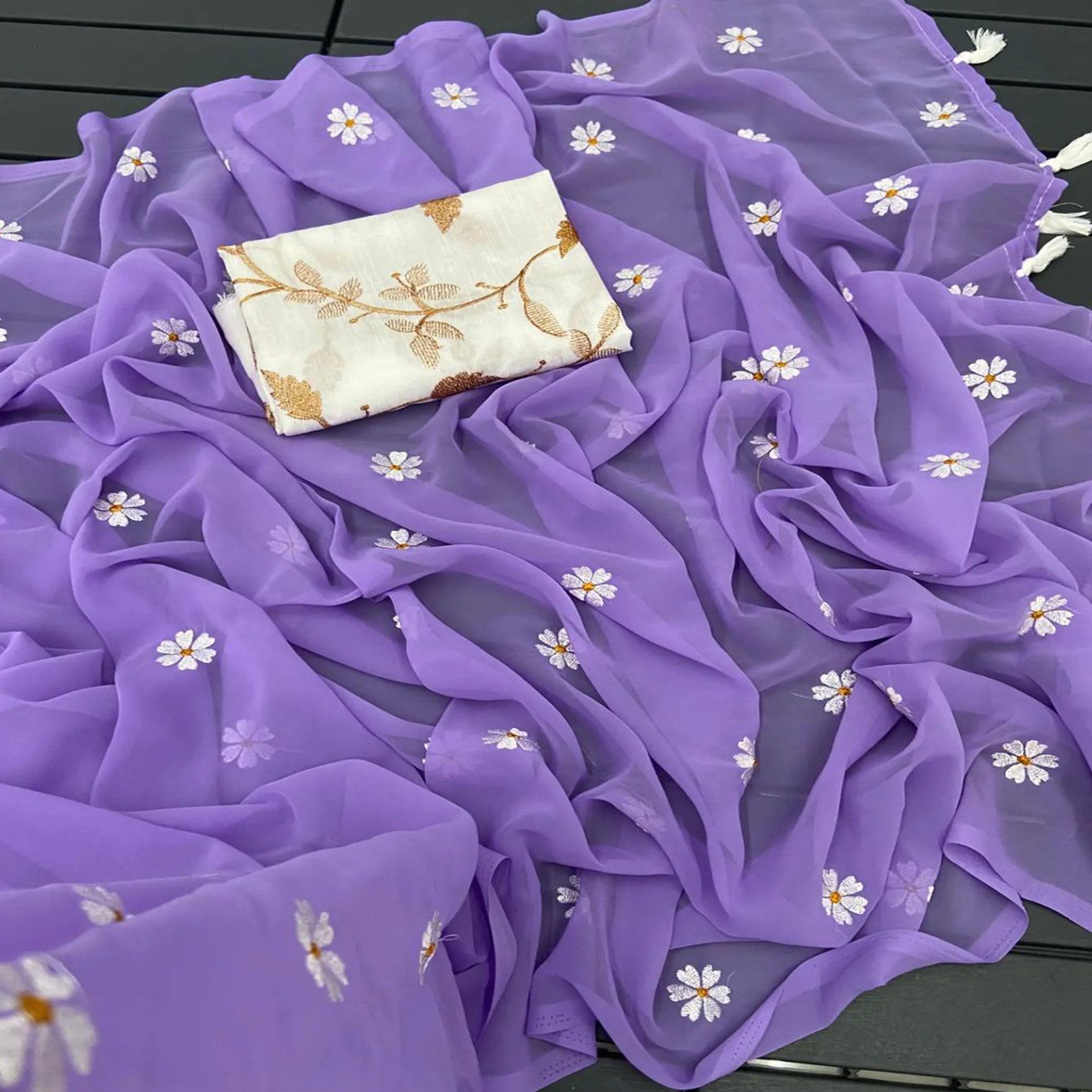 Peachmode Lavender Floral Embroidered Georgette Saree