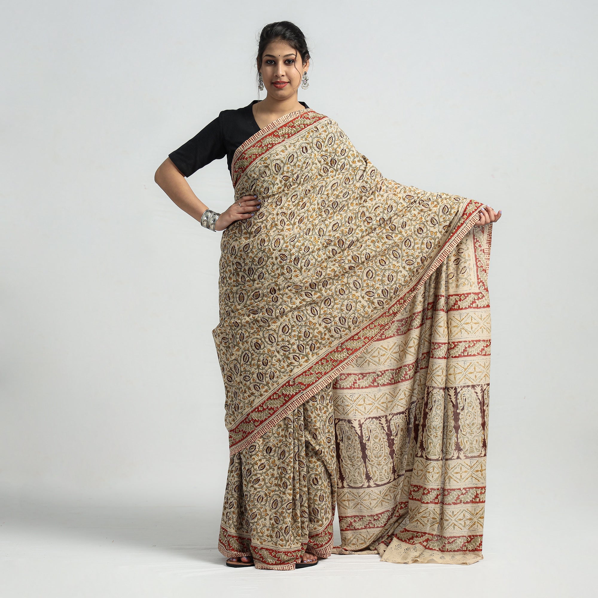 VENKATA BHANU KALAMKARI PEDANA Beige - Pedana Block Print Cotton Kalamkari Saree - view 2