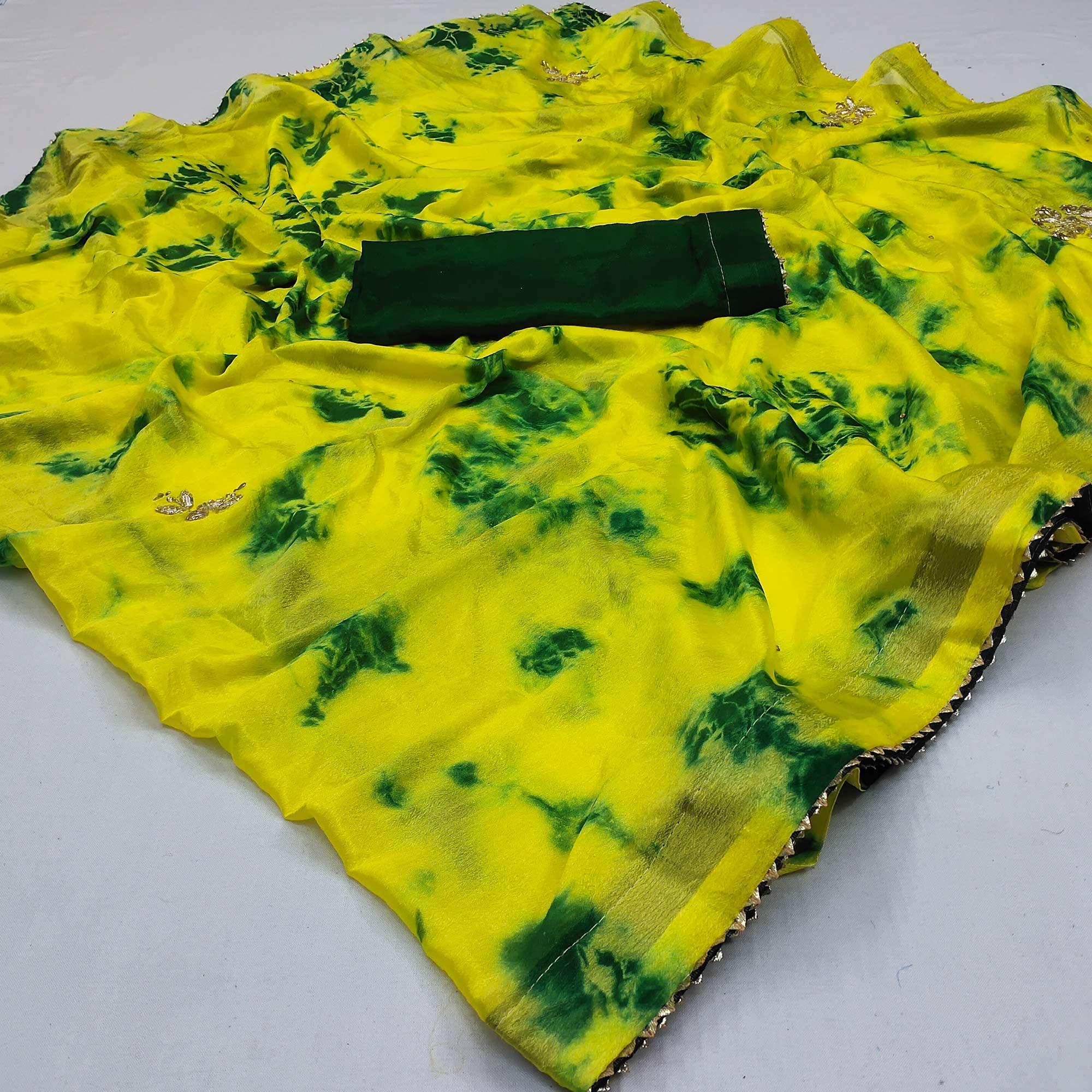 Peachmode Lemon Green Printed Chiffon Saree – Women's