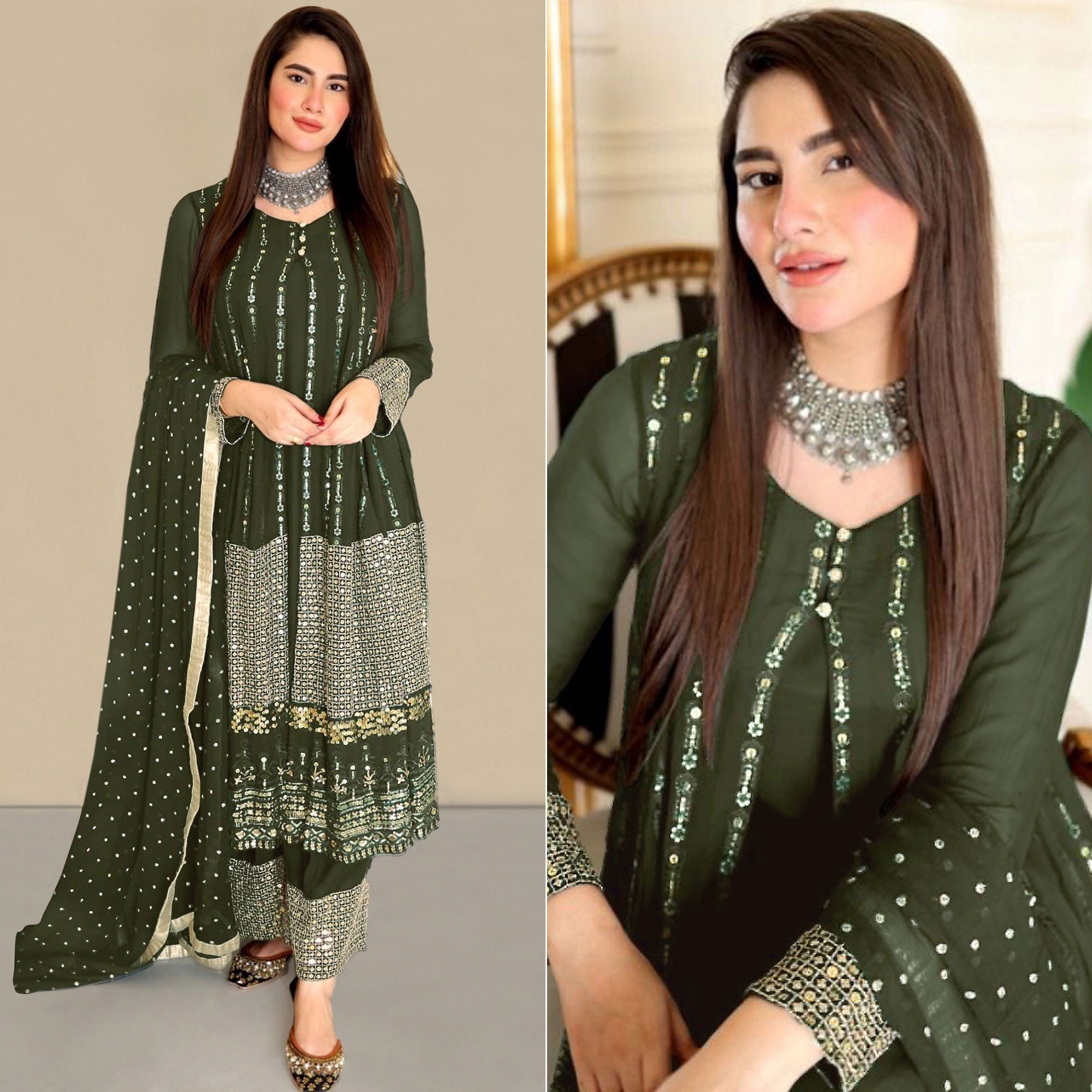 Peachmode Mehendi Green Sequins Embroidered Georgette Pakistani Suit