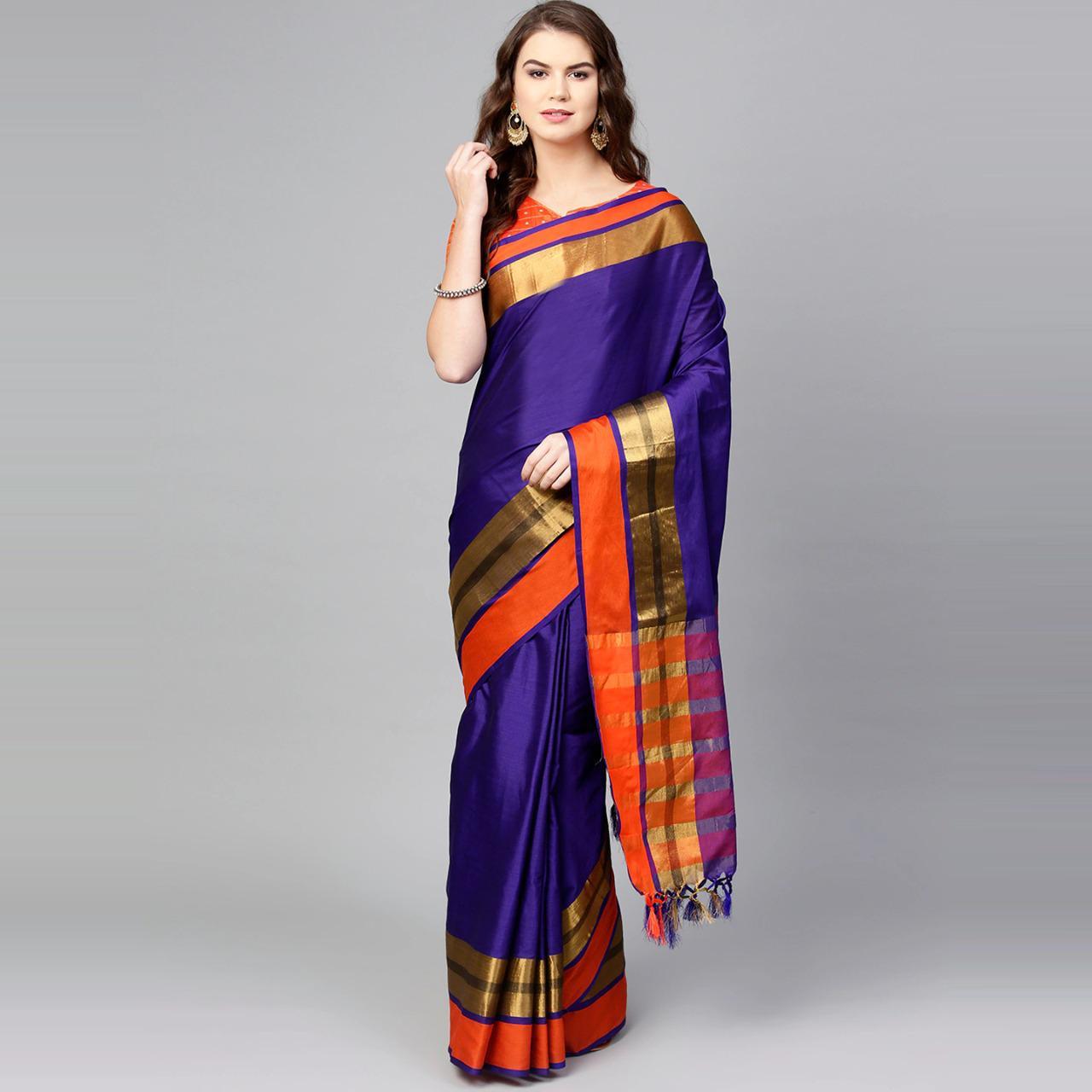 Peachmode Magnetic Blue Colored Festive Wear Woven Cotton Silk Saree