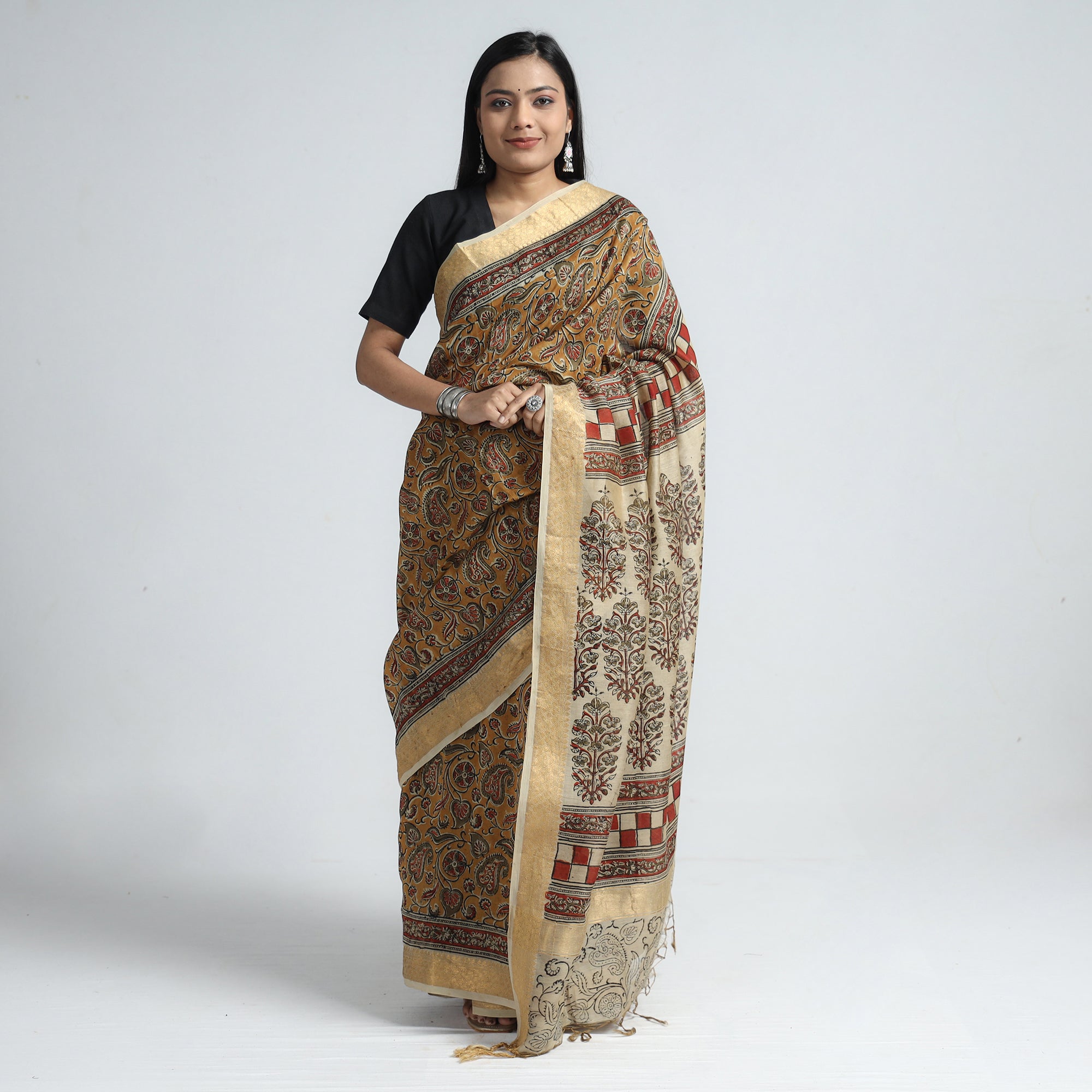 VENKATA BHANU KALAMKARI PEDANA Brown - Original Pedana Kalamkari Block Print Silk Saree - view 2
