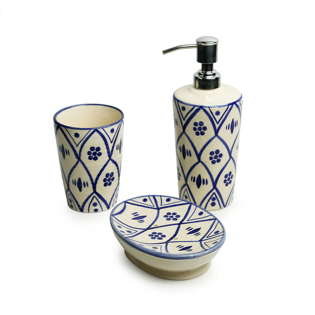 EXCLUSIVELANE 'Moroccan Floral' Handpainted Studio Pottery Ceramic Bathroom Accessory (Set of 3) - view 2