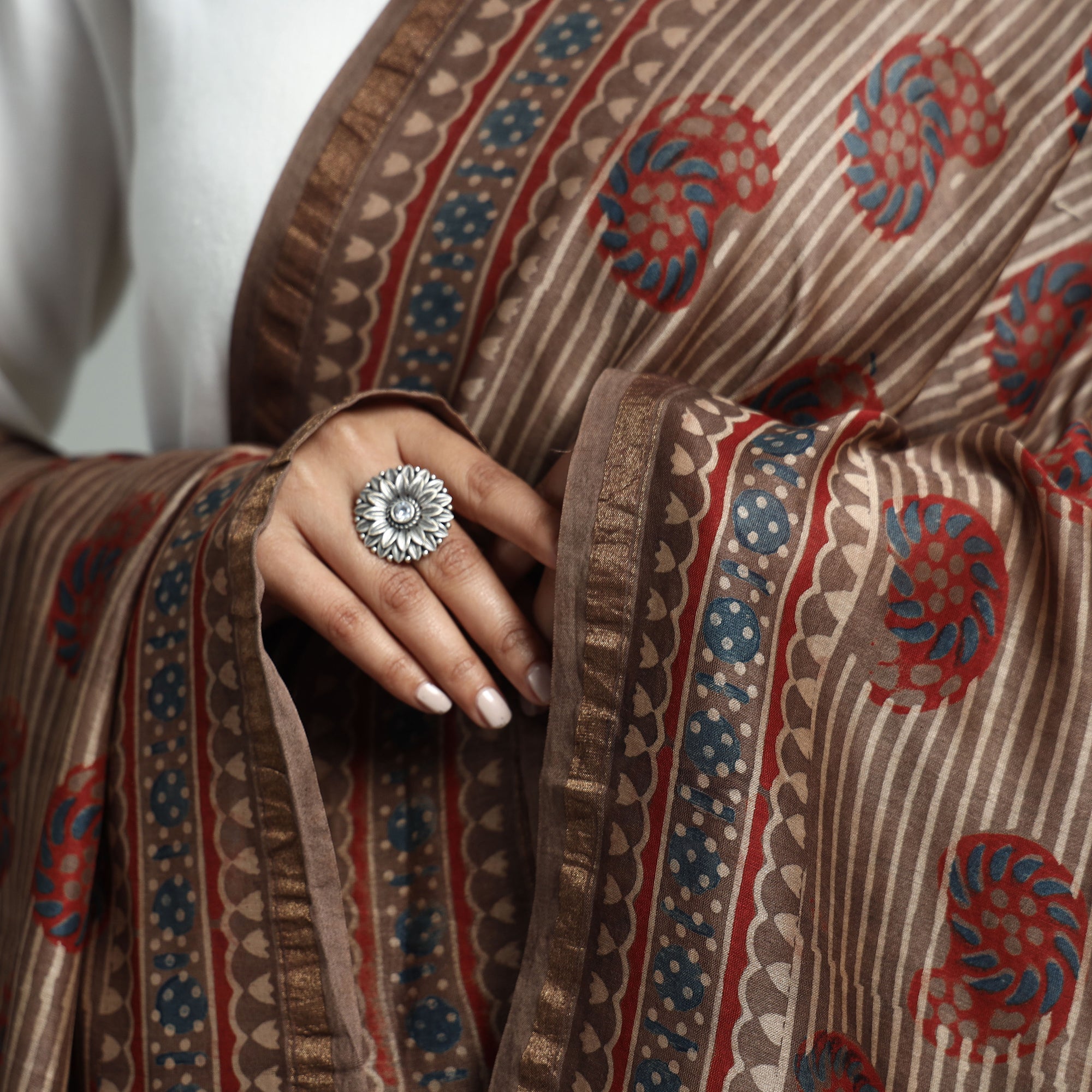 RIYAZ ABDULMAJID KHATRI - AJRAKH Brown - Hand Block Print Chanderi Silk Ajrakh Dupatta - view 4
