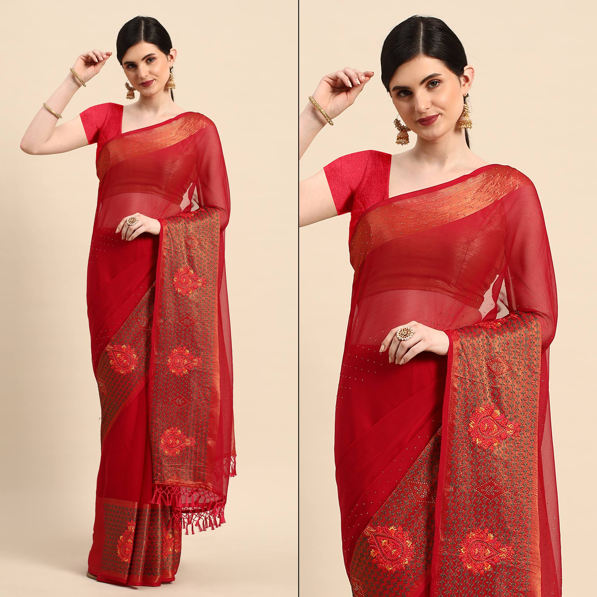 Peachmode Maroon Swarovski With Embroidery Work Viscose Chiffon Saree
