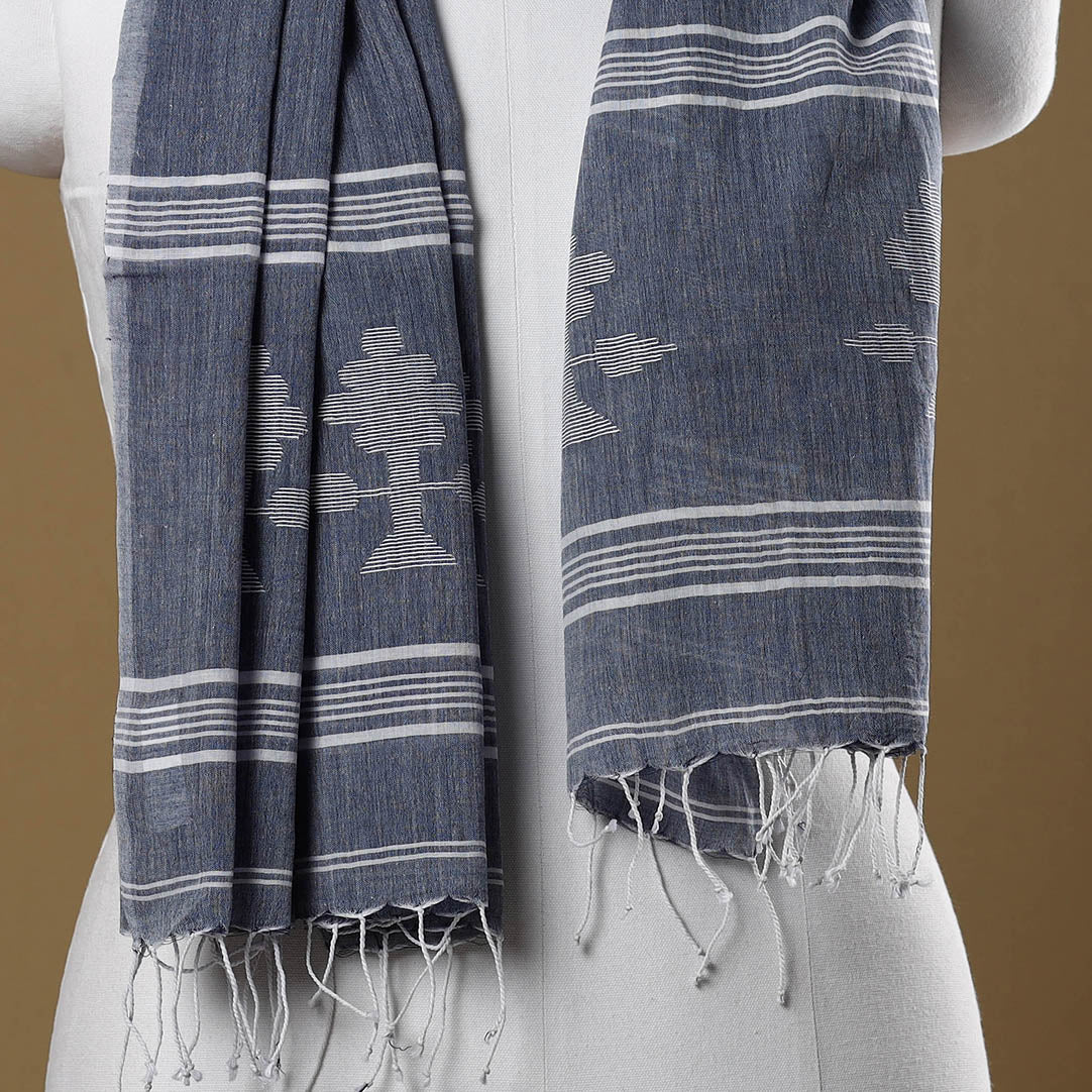 KHUSHBASH - HAPPY LOOM OF EAST Blue - Burdwan Jamdani Buti Handloom Cotton Stole with Tassels - view 2