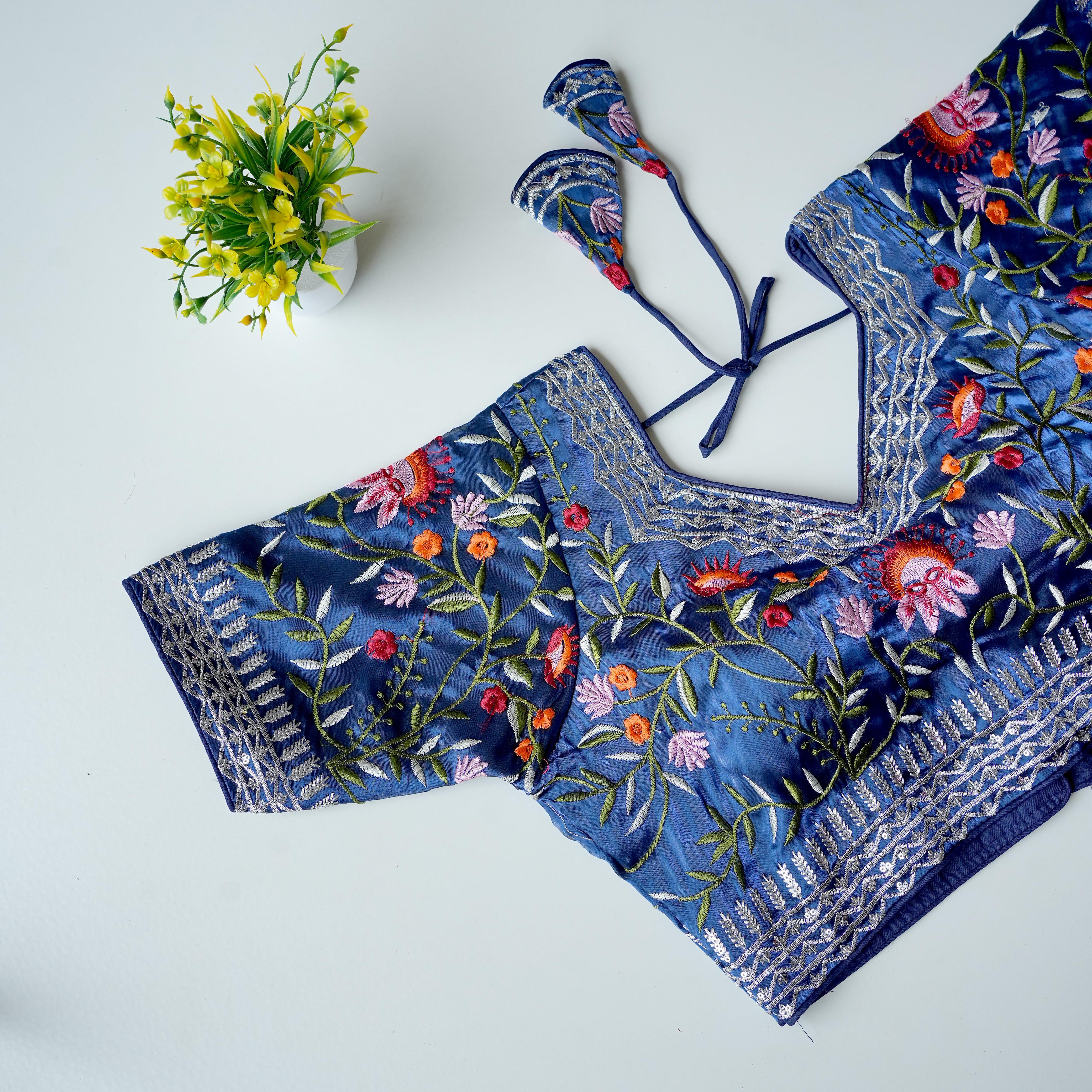 ClothsVilla Blue Multi-Color Embroidered Jimmy Choo Silk Blouse