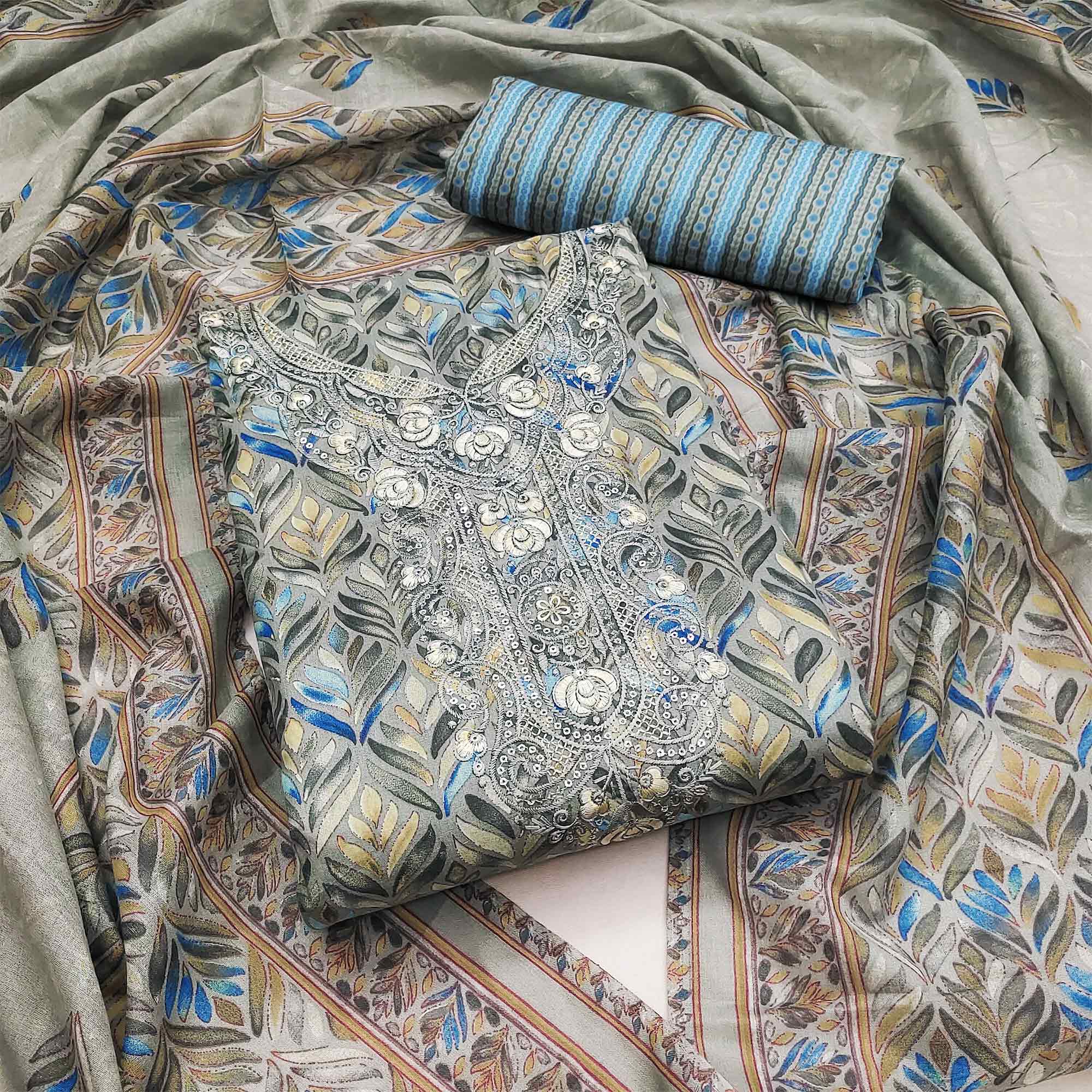 Peachmode Grey Printed With Embroidery Pure Cotton Dress Material