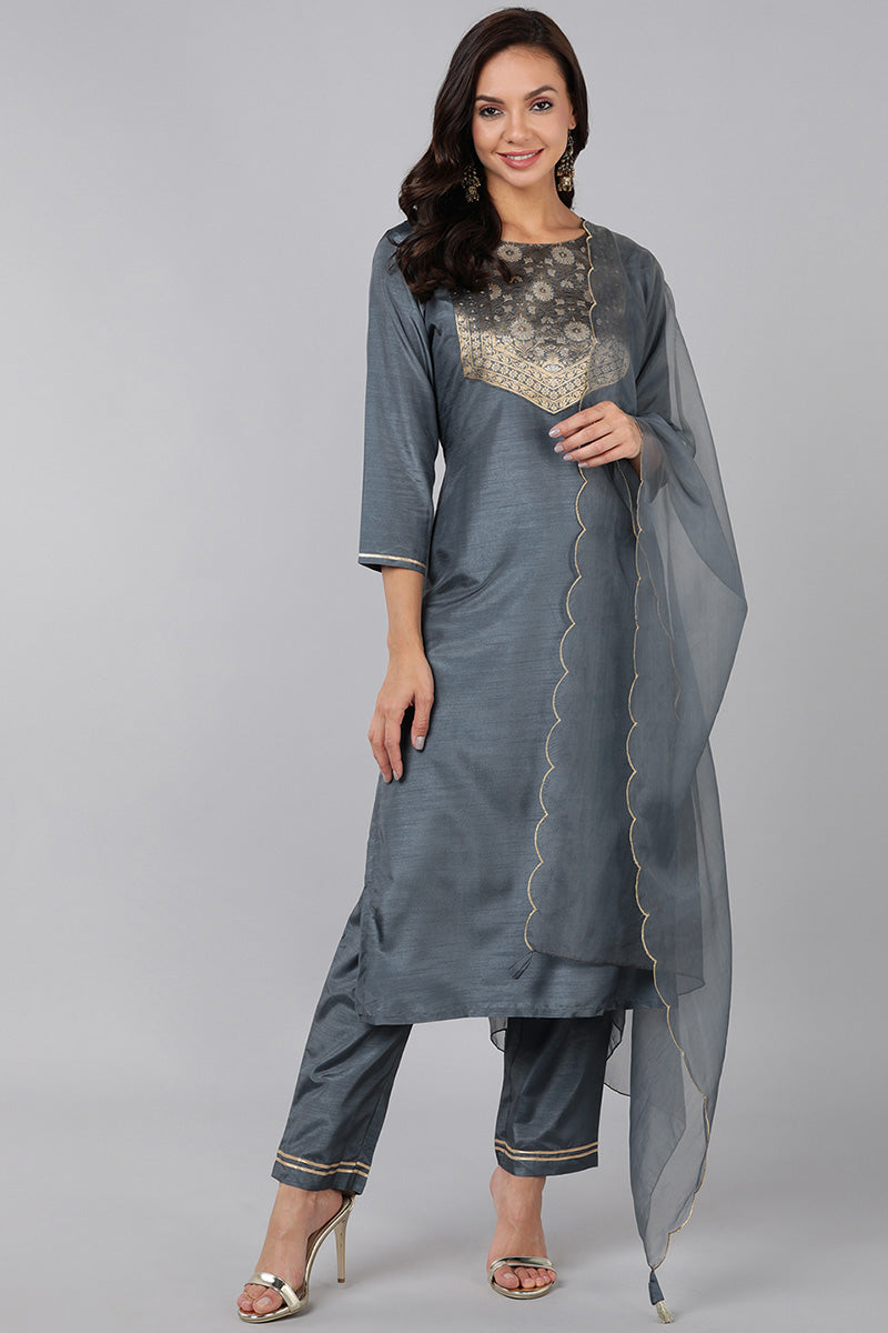 Ahika Grey Poly Silk Solid Straight Suit Set PKSKD1322