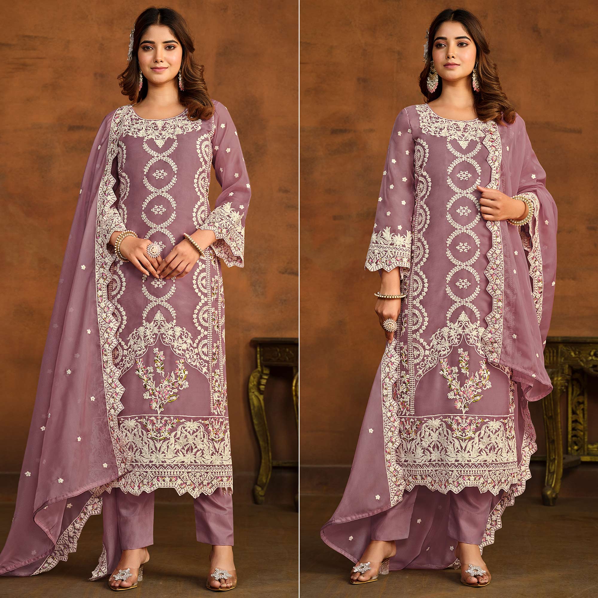 Peachmode Mauve Floral Embroidered Soft Organza Semi Stithed Suit