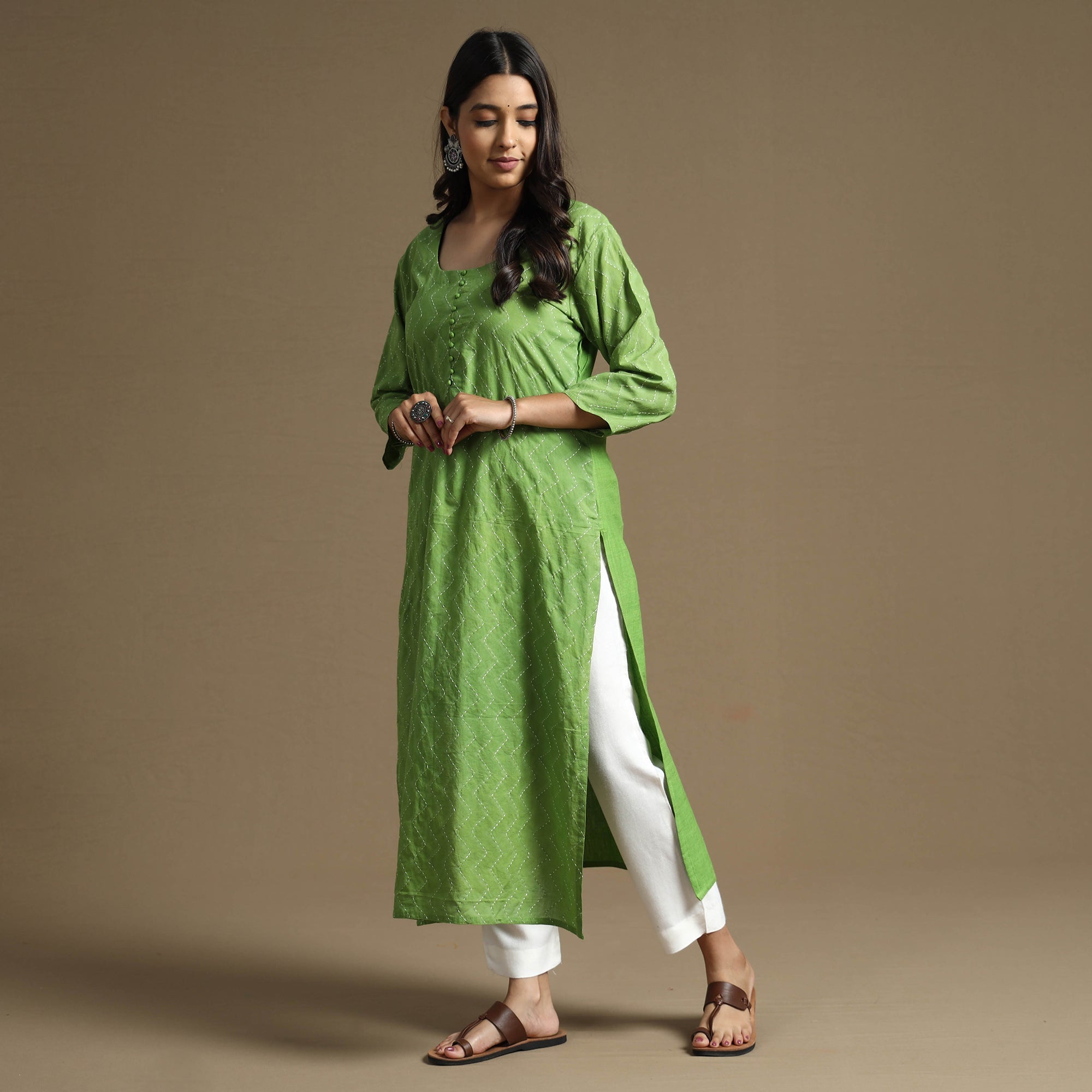 ITOKRI CASUALS Apple Green - Plain Cotton Tagai Work Long Straight Kurta - view 2