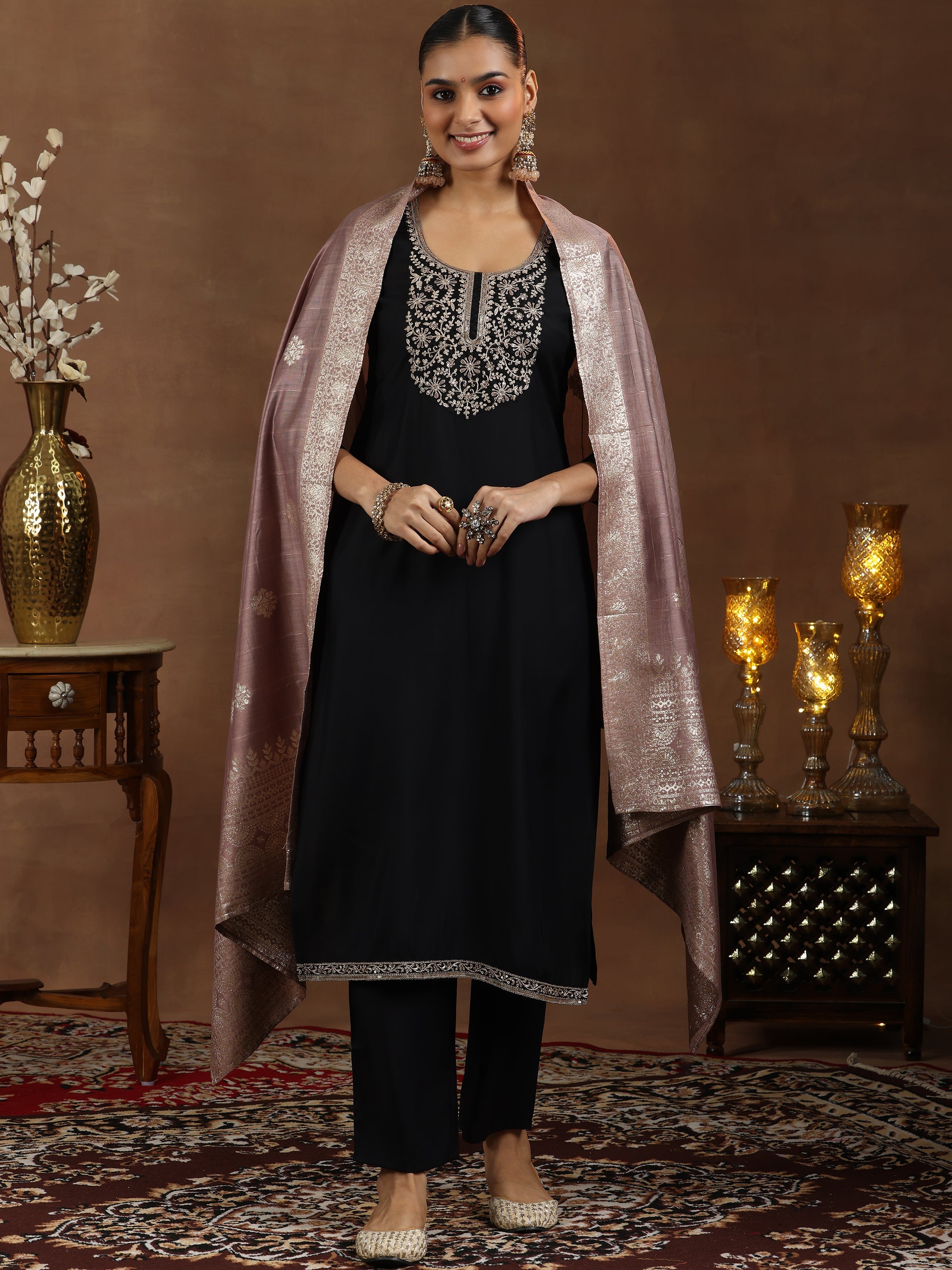 Gerua By Libas Black Yoke Design Silk Blend Straight Suit With Dupatta - view 2
