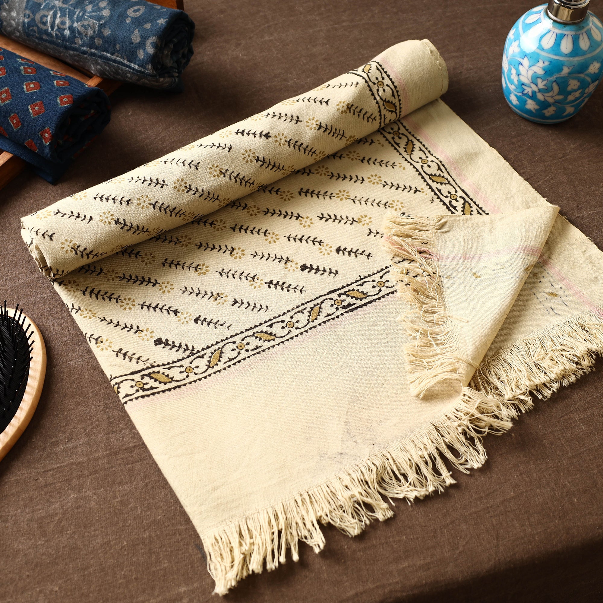 ITOKRI CRAFTS INITIATIVE Beige - Akola Block Printed Pure Handloom Cotton Towel