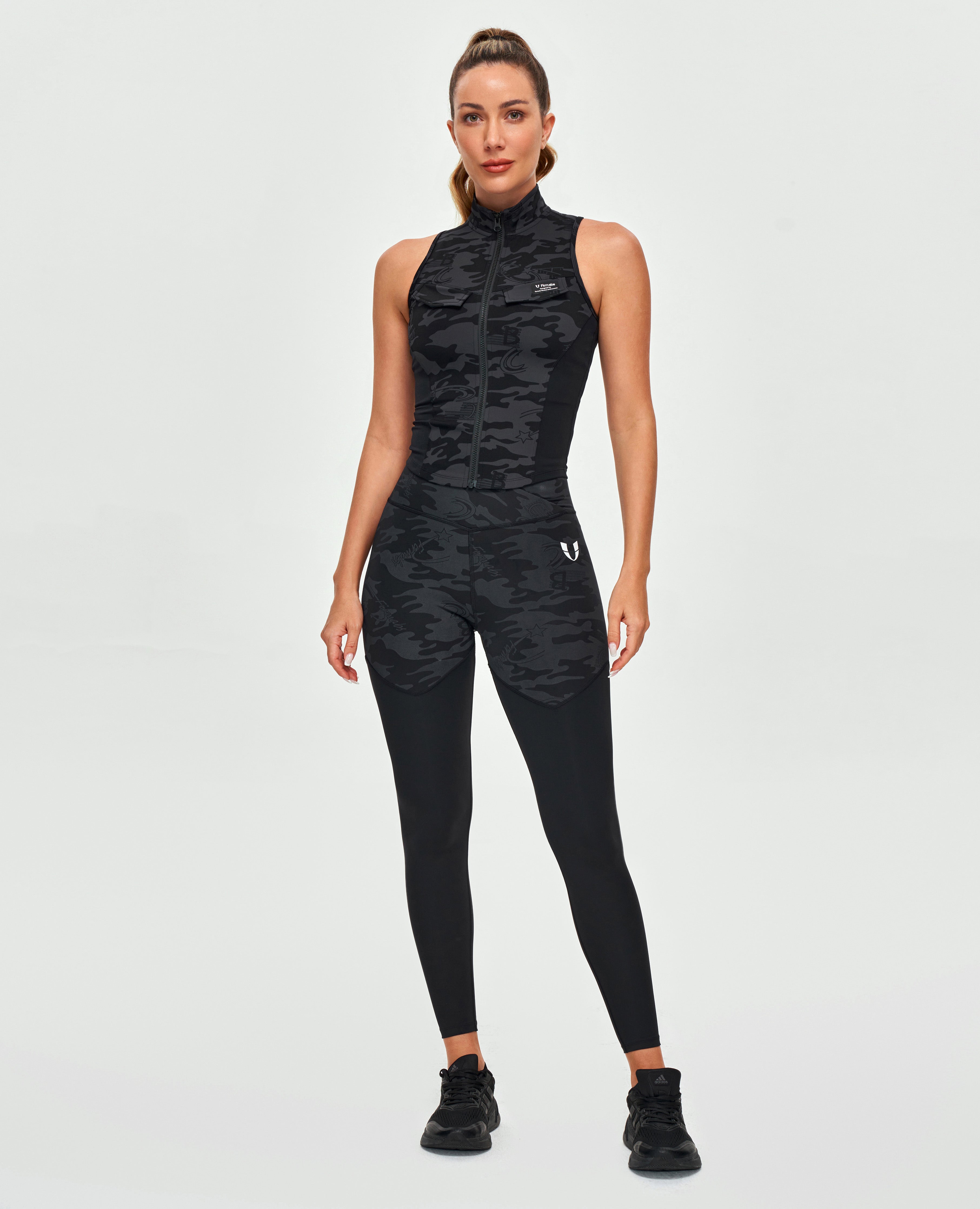 FIRM ABS V-waist Gym Leggings - Black Gray Camo - view 7