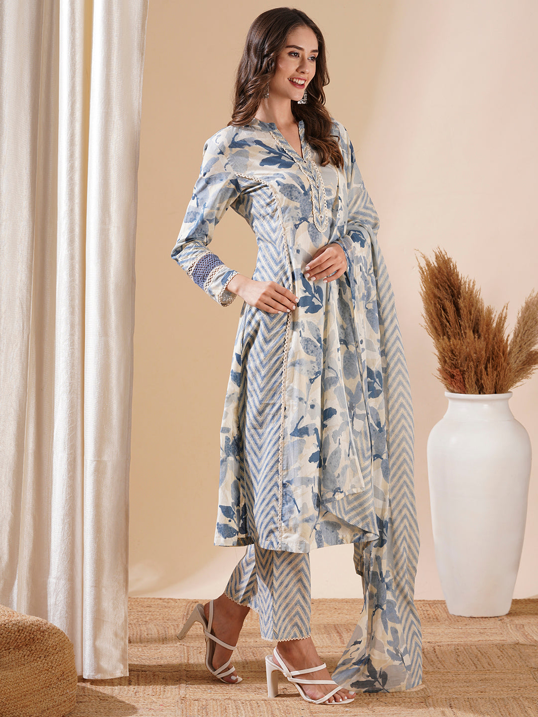 Fashor Abstract Printed Lace Work Paneled A-line Kurta with Pants & Dupatta - Blue - view 5
