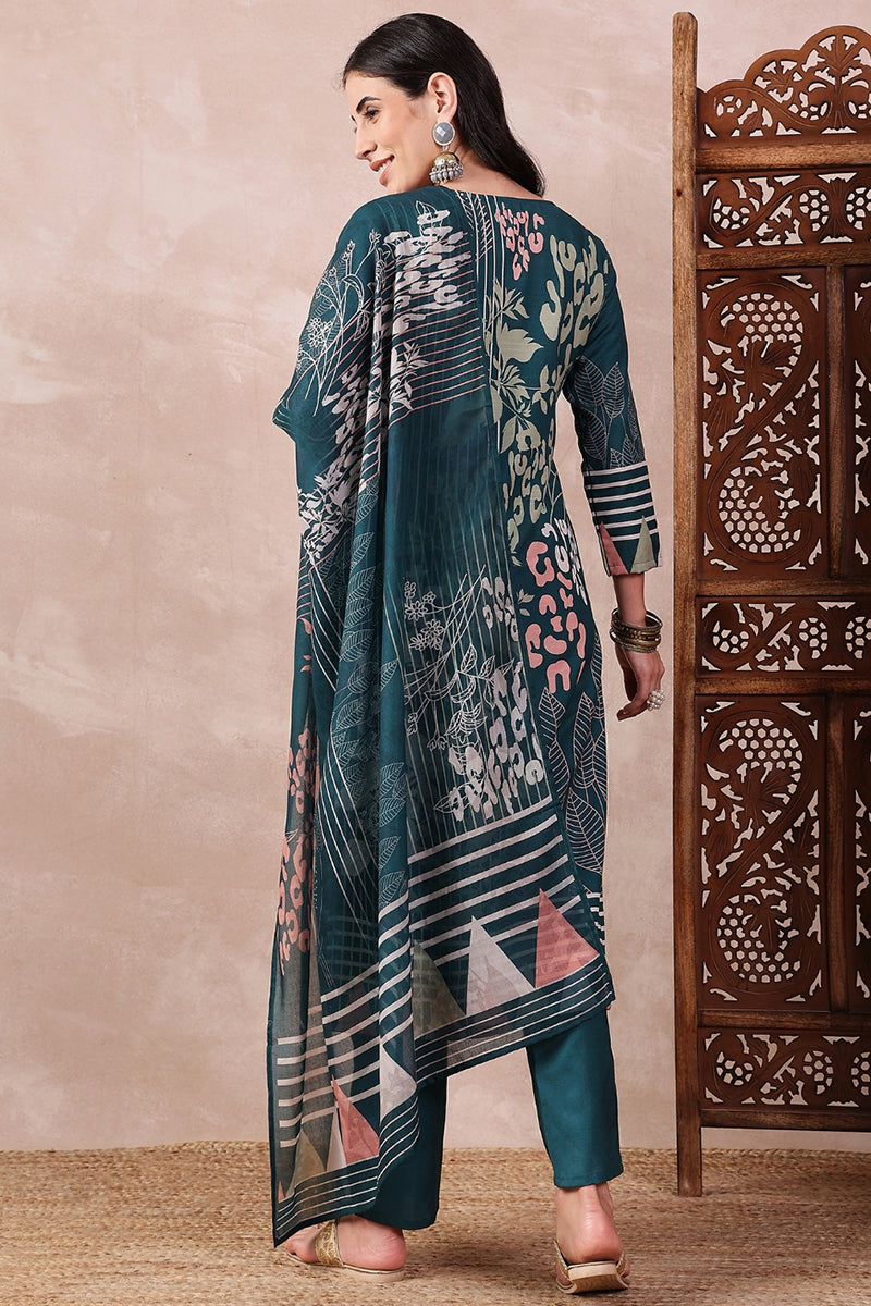 Ahika Teal Blue Rayon Blend Abstract Printed Straight Trouser Bottom Suit Set PKSKD2547TIL - view 5