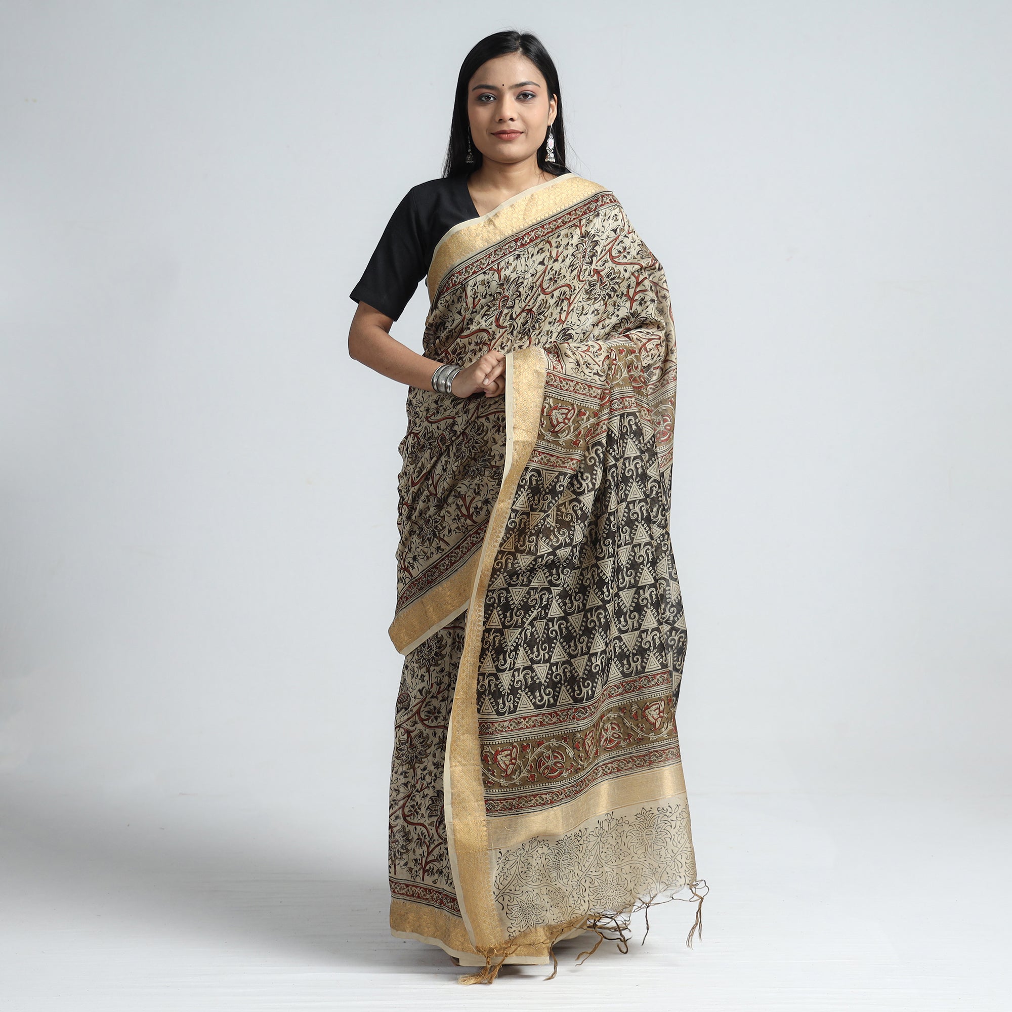 VENKATA BHANU KALAMKARI PEDANA Beige - Original Pedana Kalamkari Block Print Silk Saree - view 2