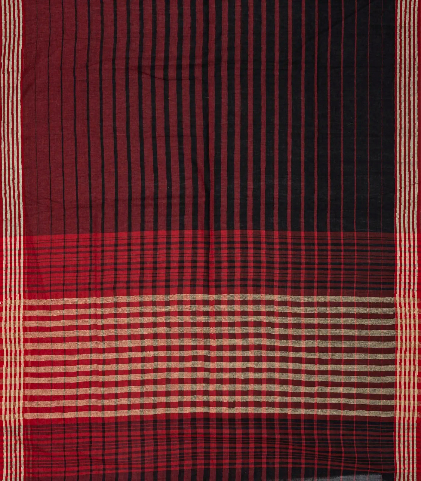 RmKV Maroon Handloom Bengal Cotton Saree With Red and Black Gradient stripes - view 4